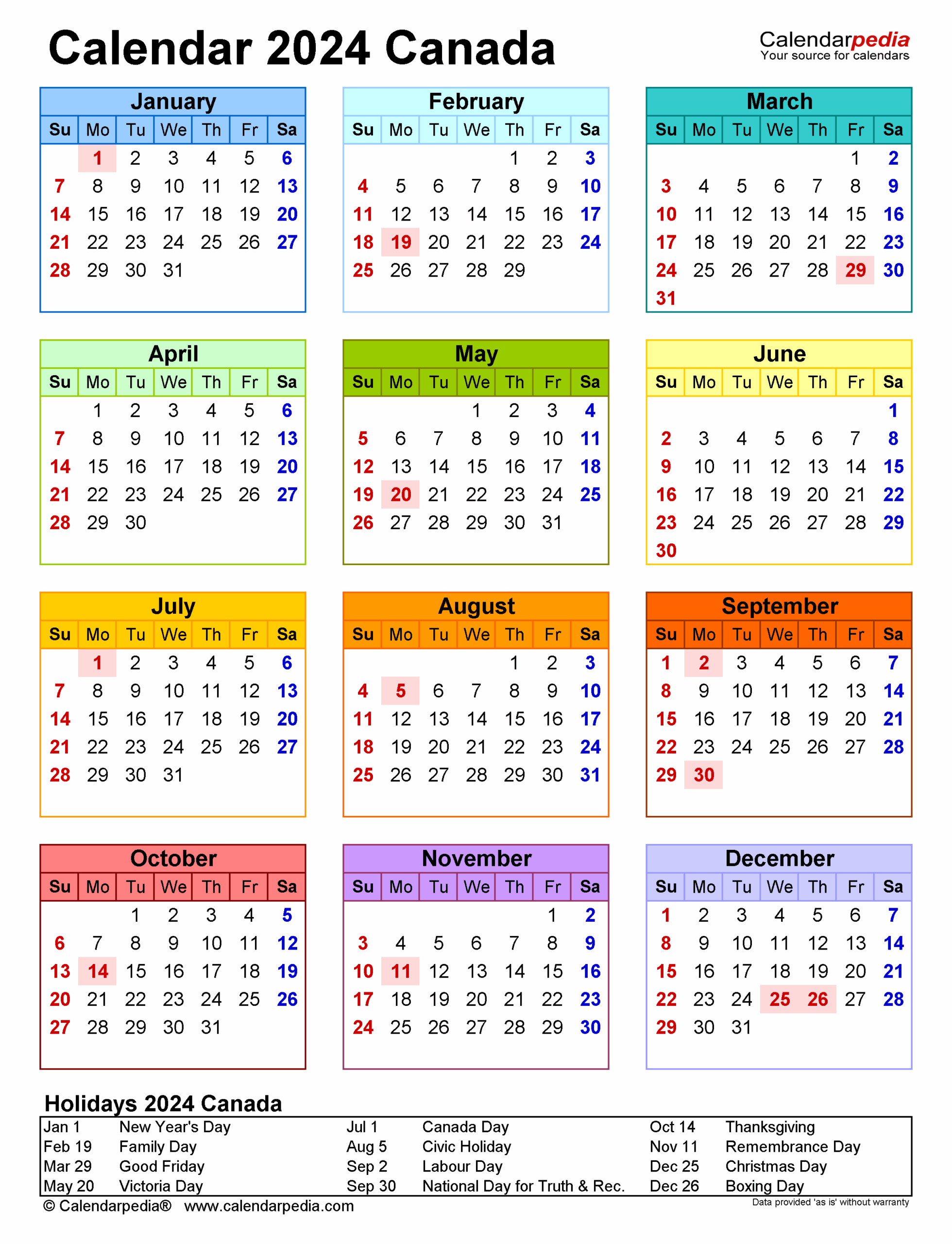 2025 Calendar Canada With Holidays Printable