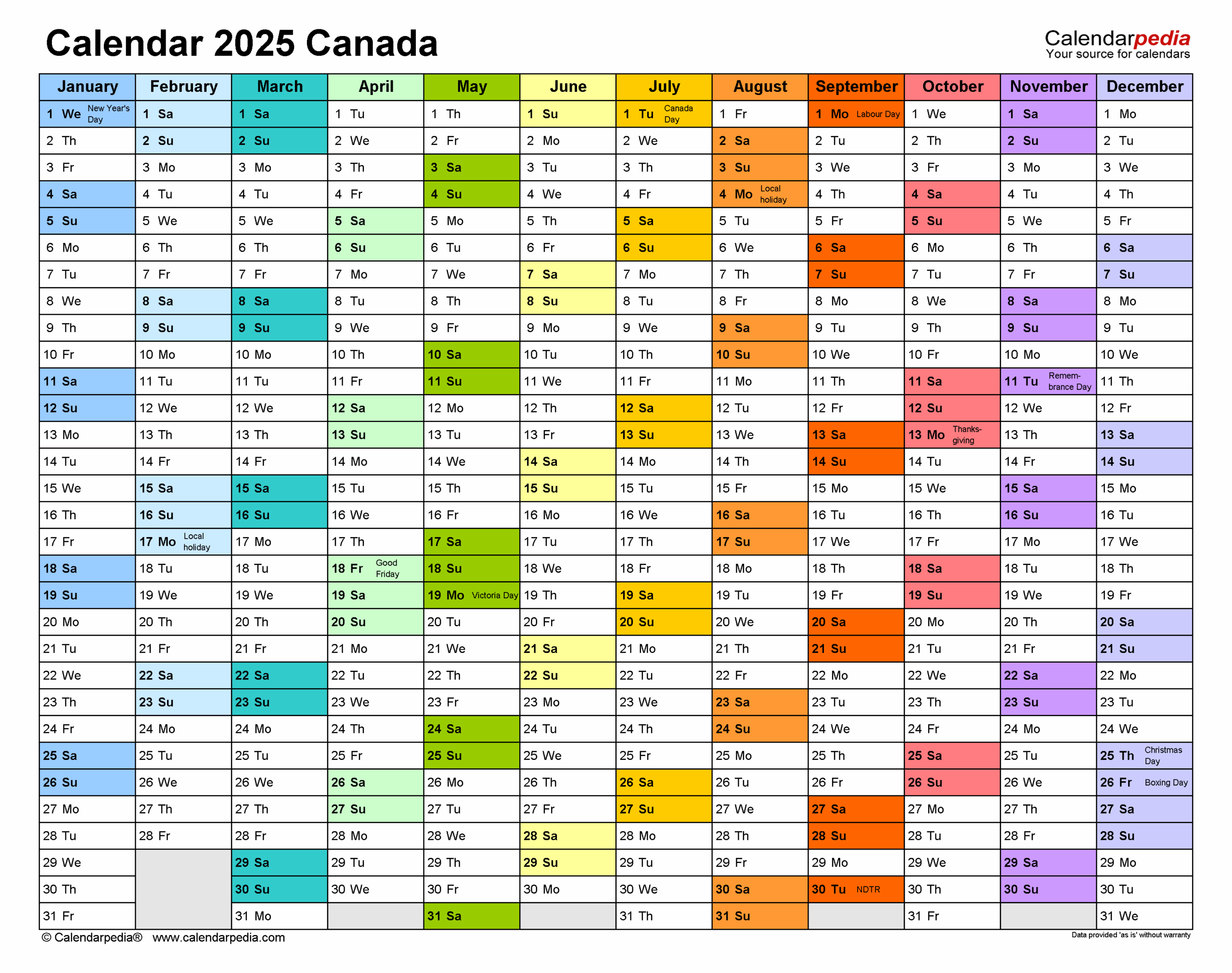 Printable Calendar 2025 Canada