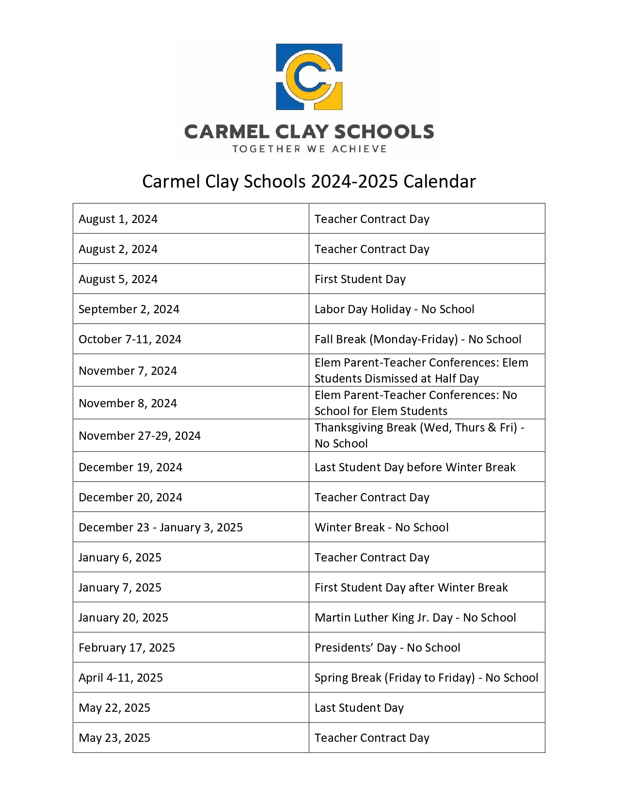 Carmel Clay Schools Calendar 2025 2026 School District 
