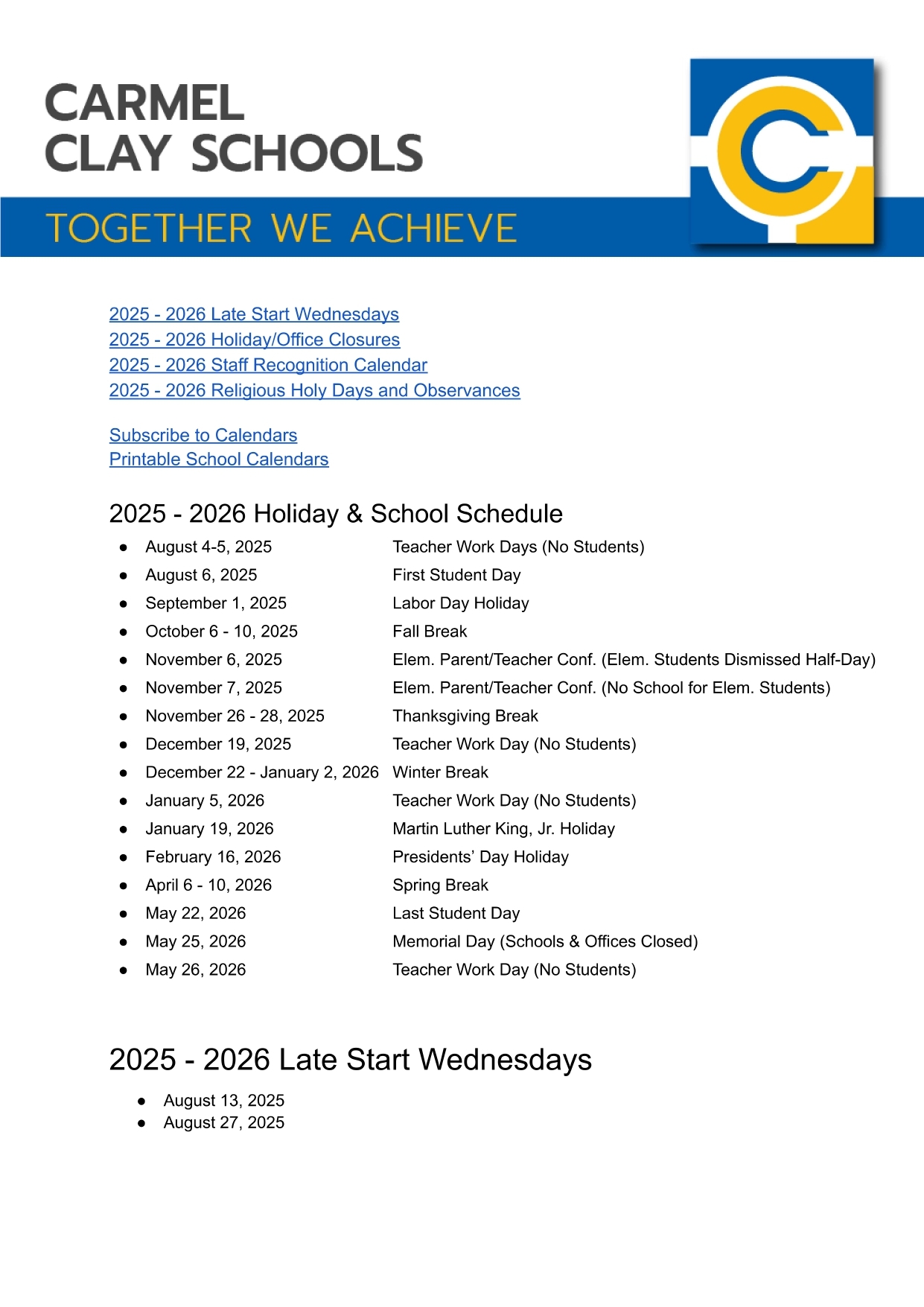 Carmel Clay Schools Calendar 2025-2026 Printable