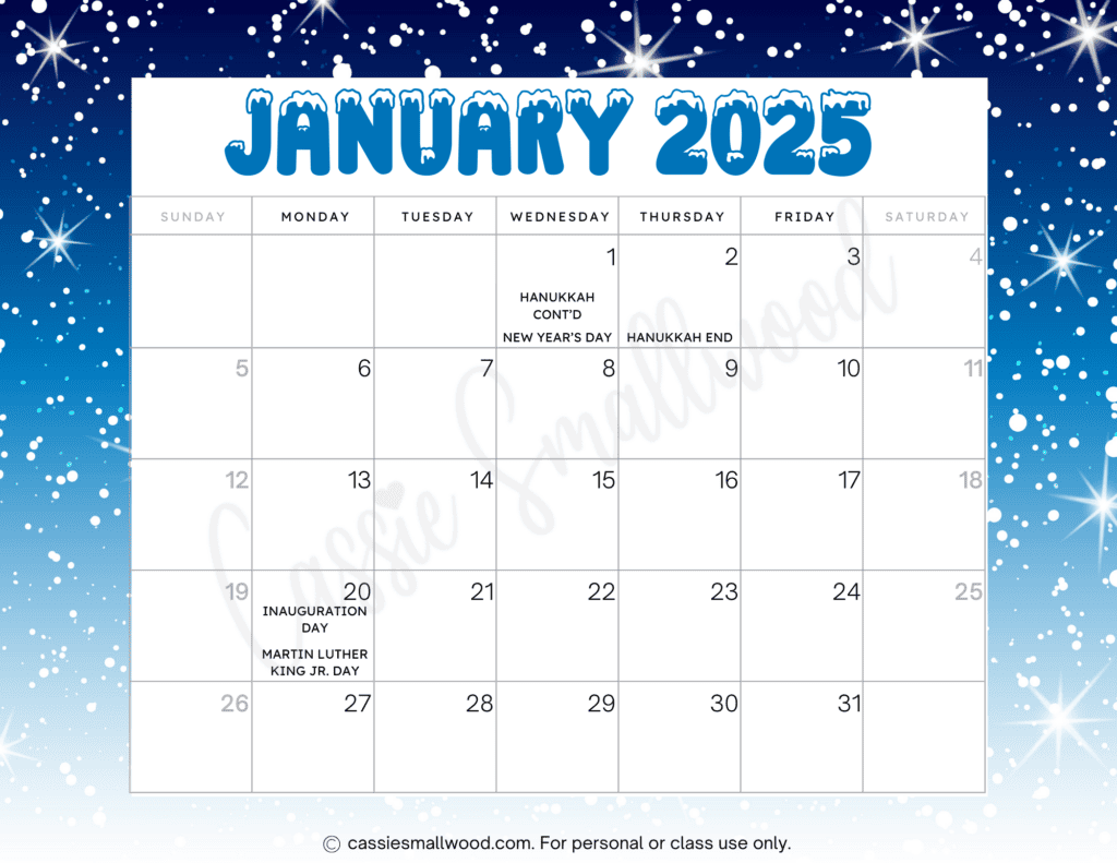 Free Printable Monthly Calendar 2025 With Holidays