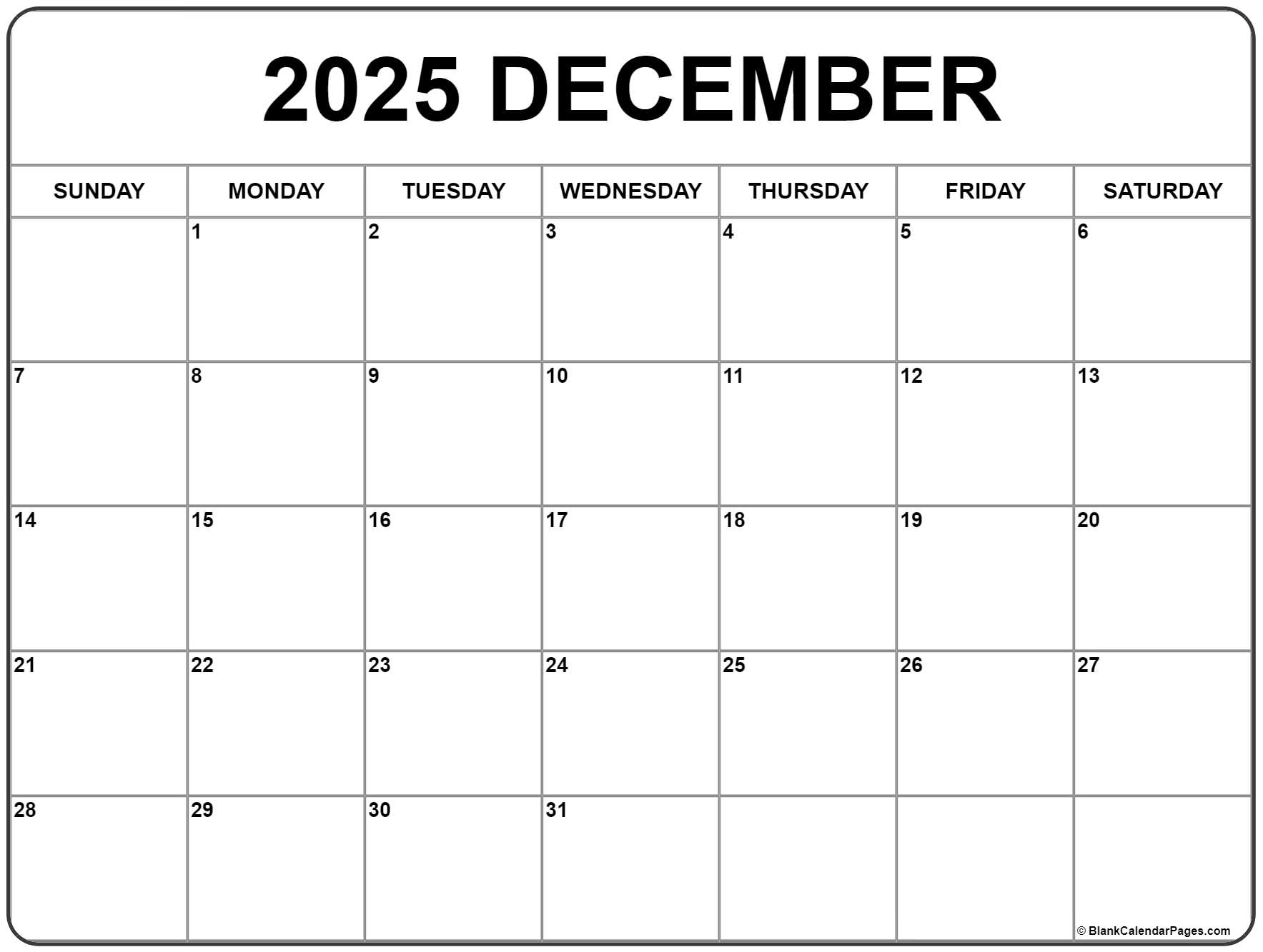 Printable Calendar 2025 December