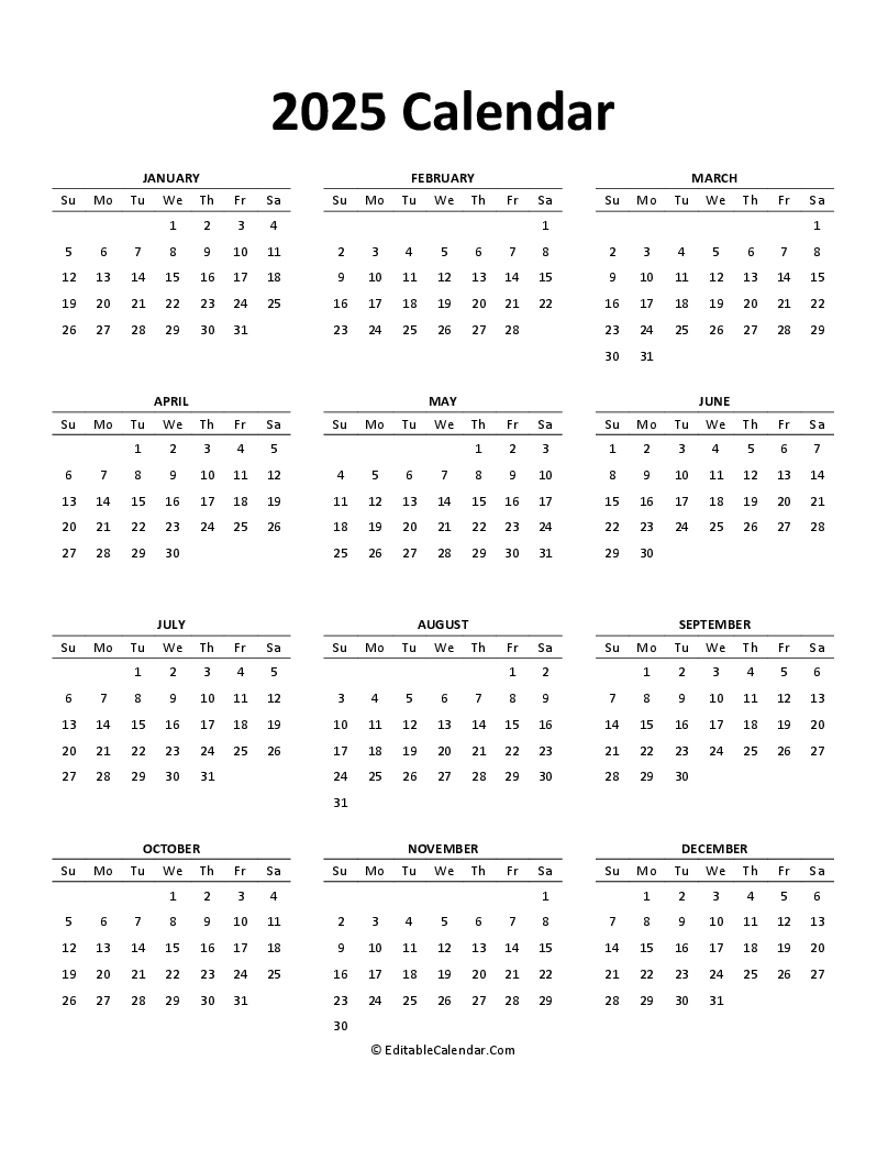 Free Printable Calendar 2025 Word