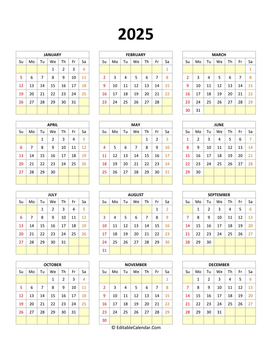 Printable Calendar 2025 Editable