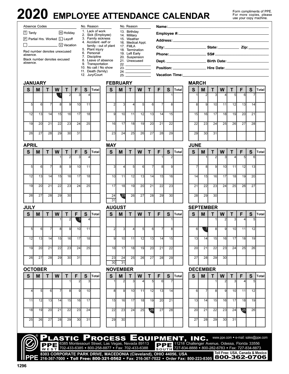 Free Printable 2025 Employee Attendance Calendar Pdf