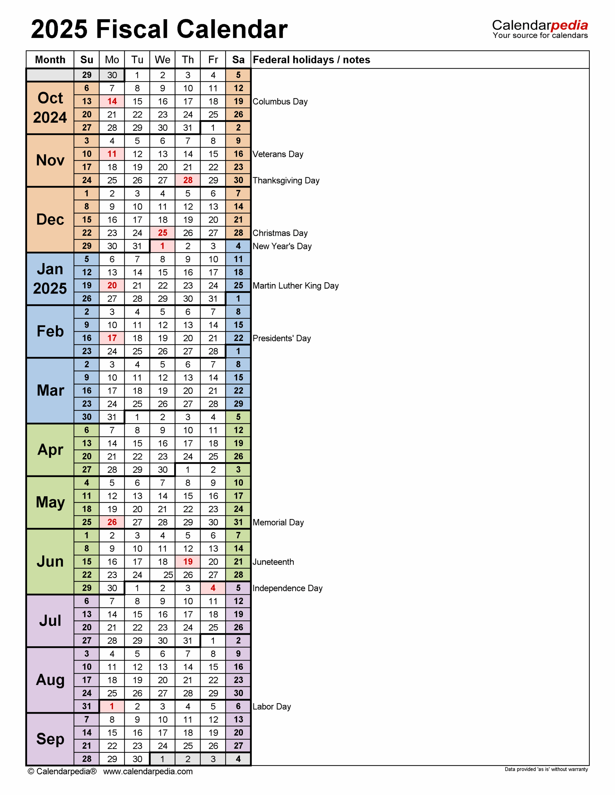 Fiscal Year 2025 Calendar Printable