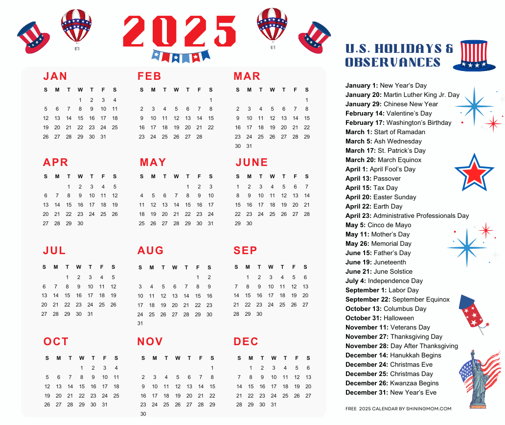 Holiday Calendar 2025 Printable