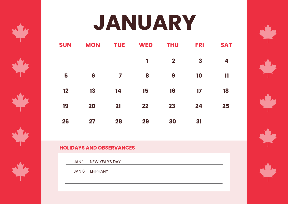 2025 Calendar Canada Printable