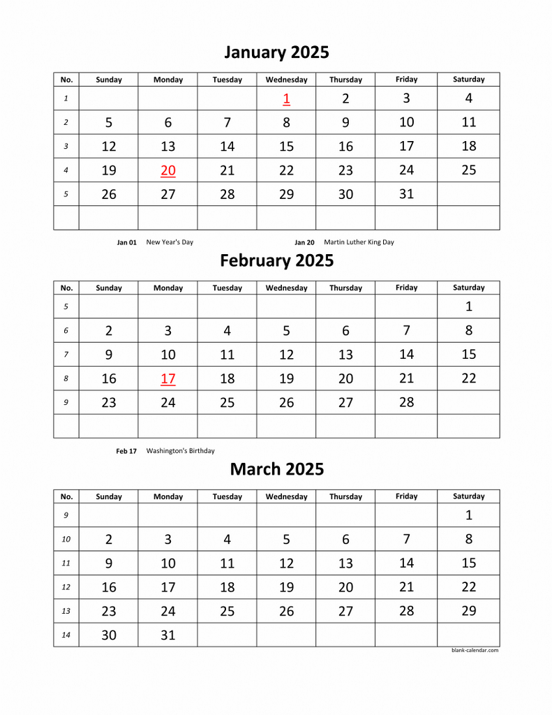 3 Month Printable Calendar 2025