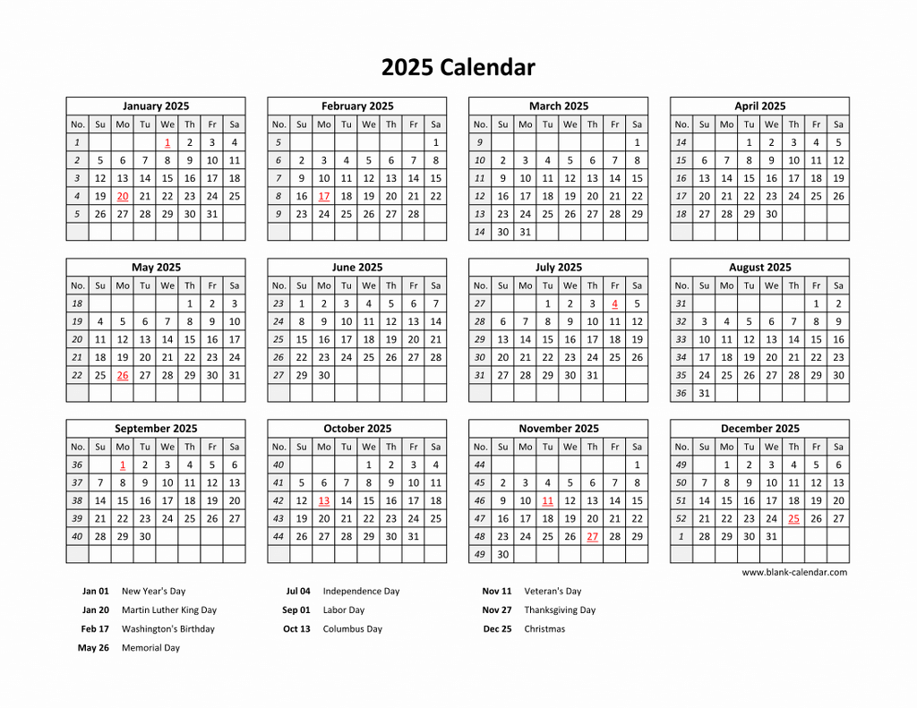 2025 Printable Calendar With Holidays Printable Free