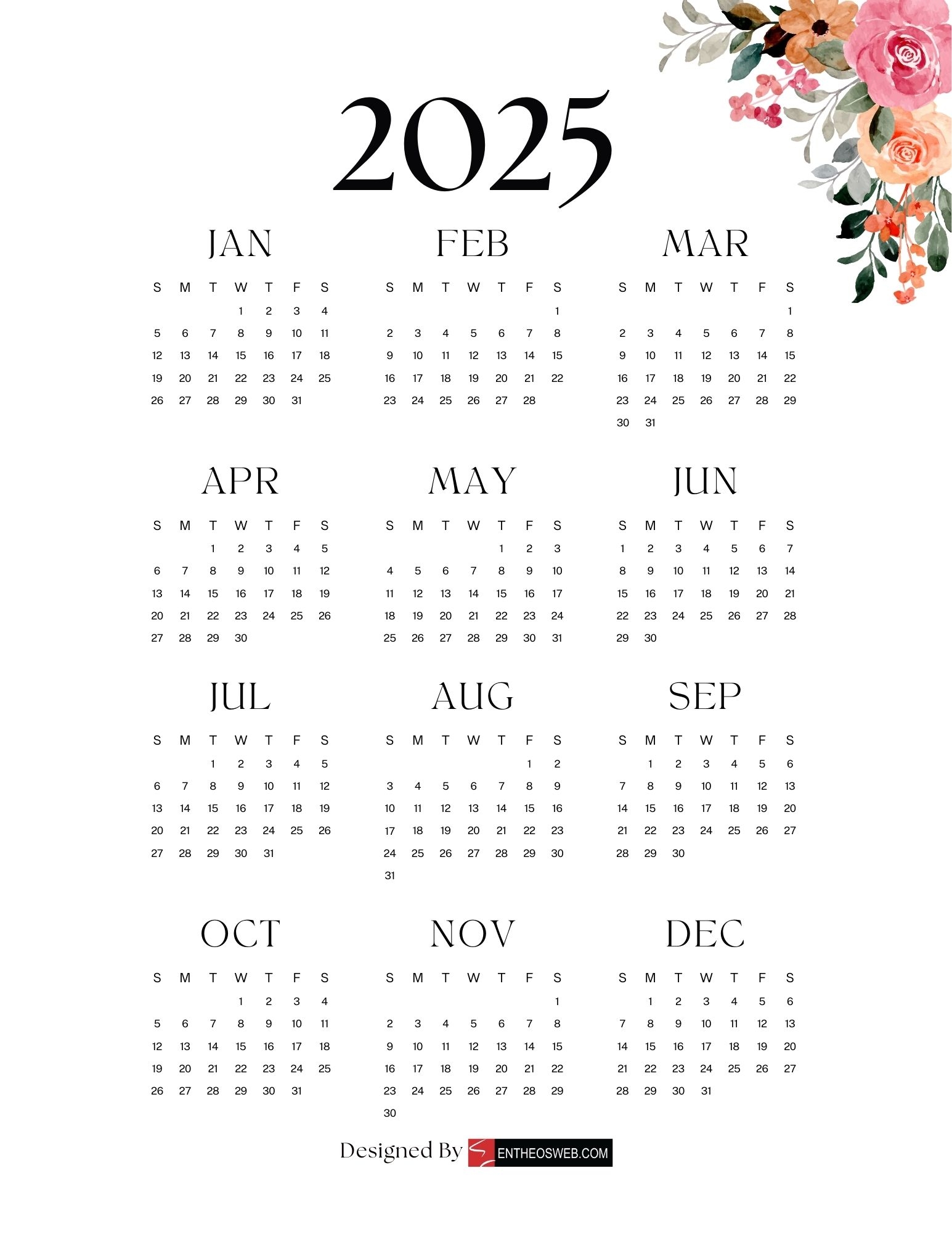 2025 Year Calendar Printable Pdf Free