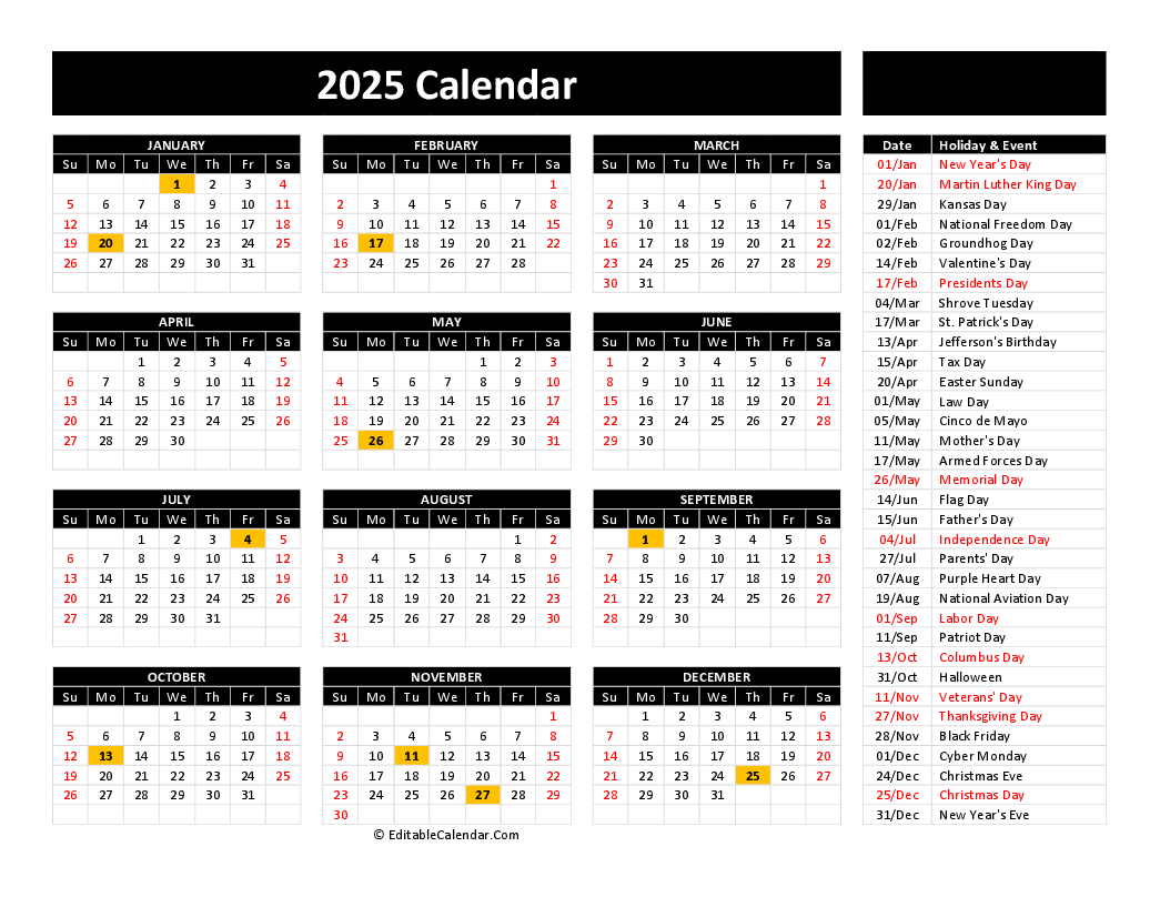 Free Printable 2025 Calendar With Holidays Pdf Free Download Word