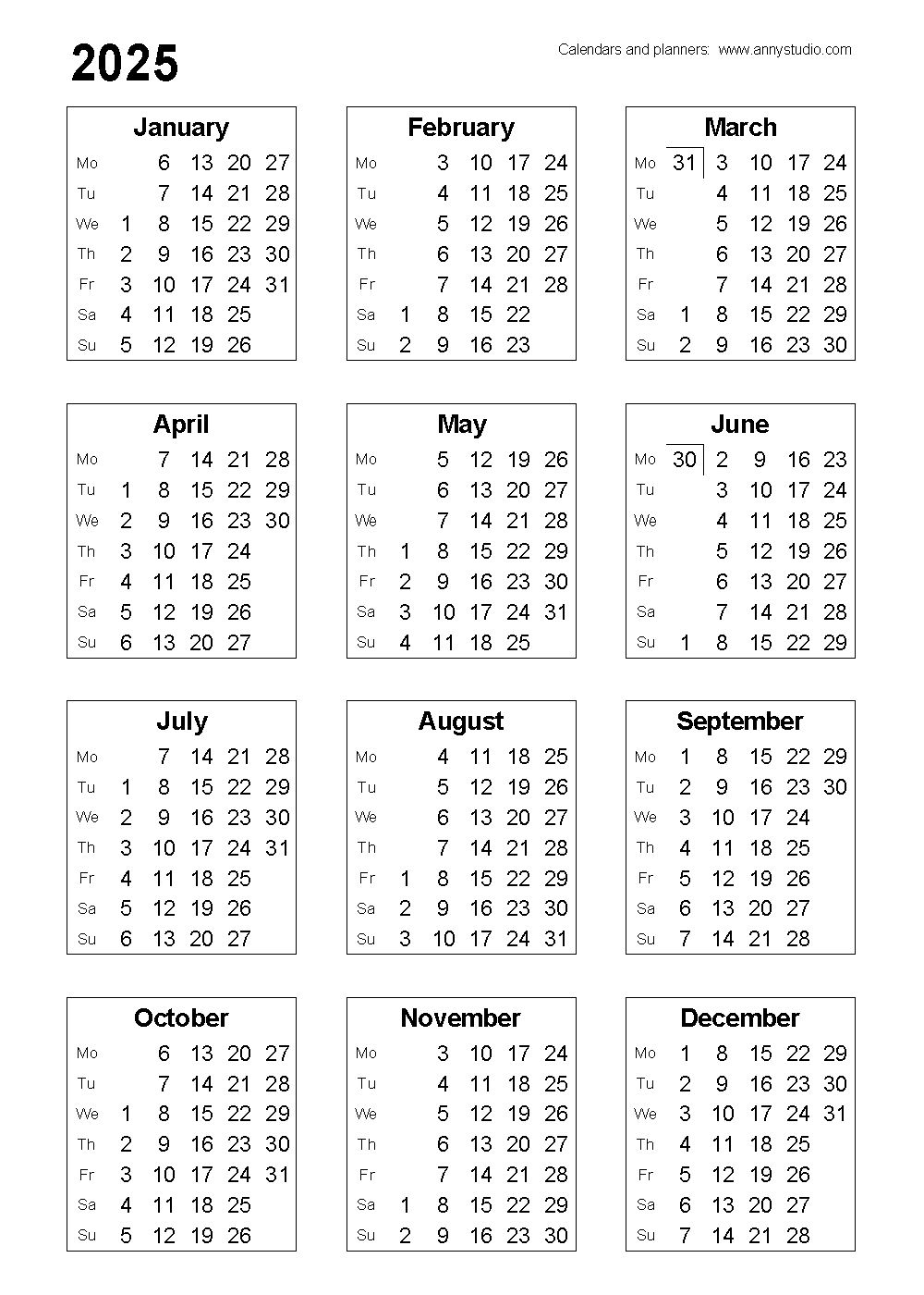 A4 Calendar 2025 Printable