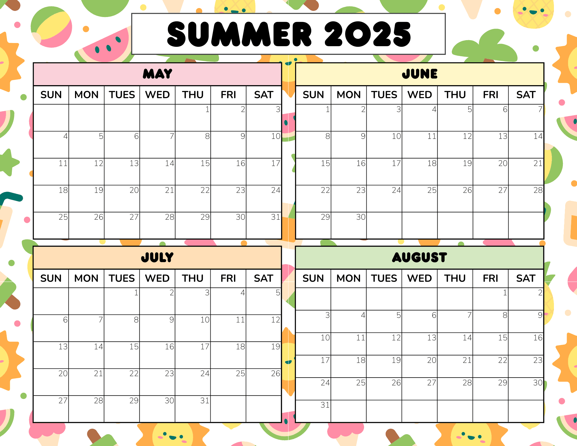 2025 Summer Calendar Printable