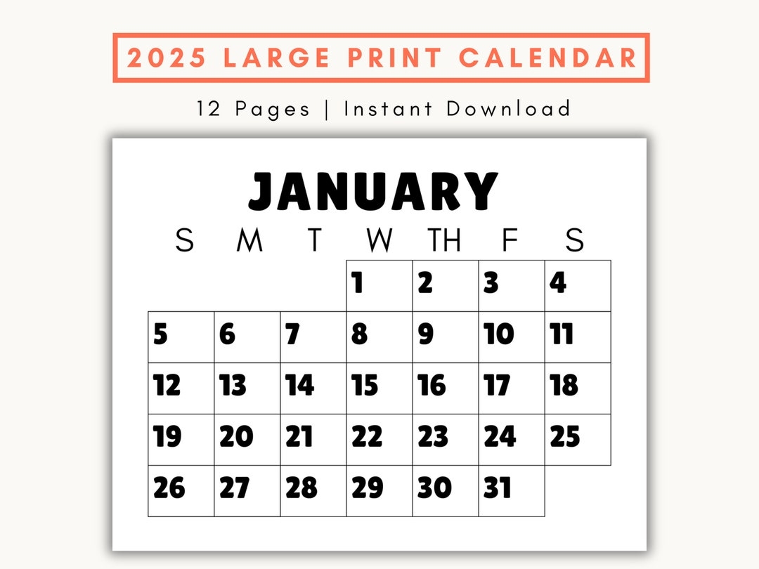 Large Print 2025 Monthly Calendar Senior Citizen Friendly printable PDF Etsy