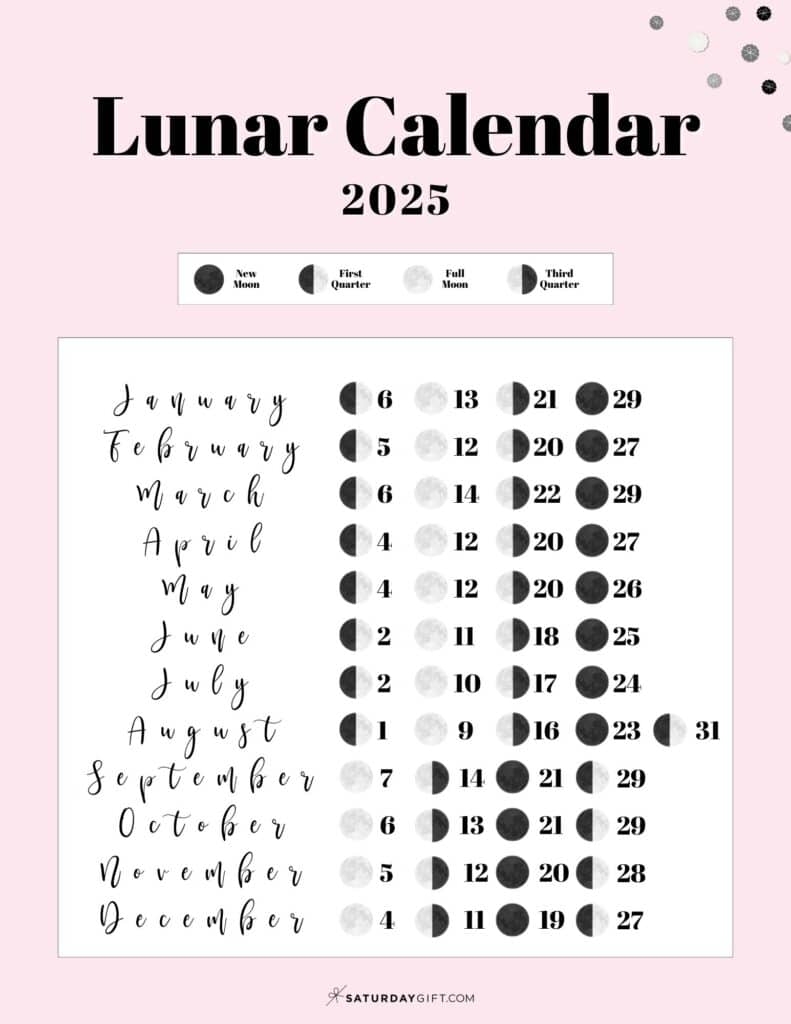 Moon Phase Calendar 12 Cute Free Printable 2025 Lunar Calendars