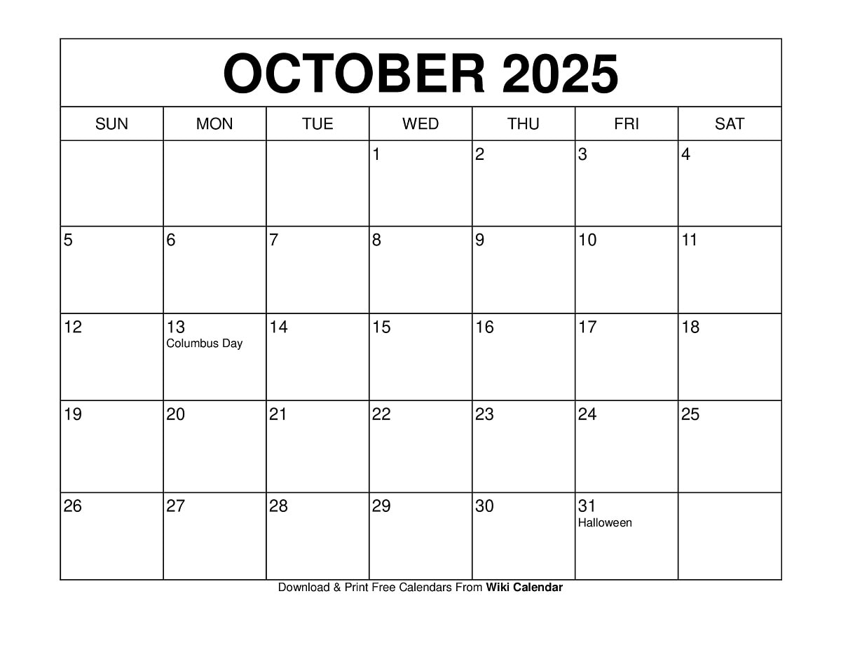 October 2025 Calendar Printable Free