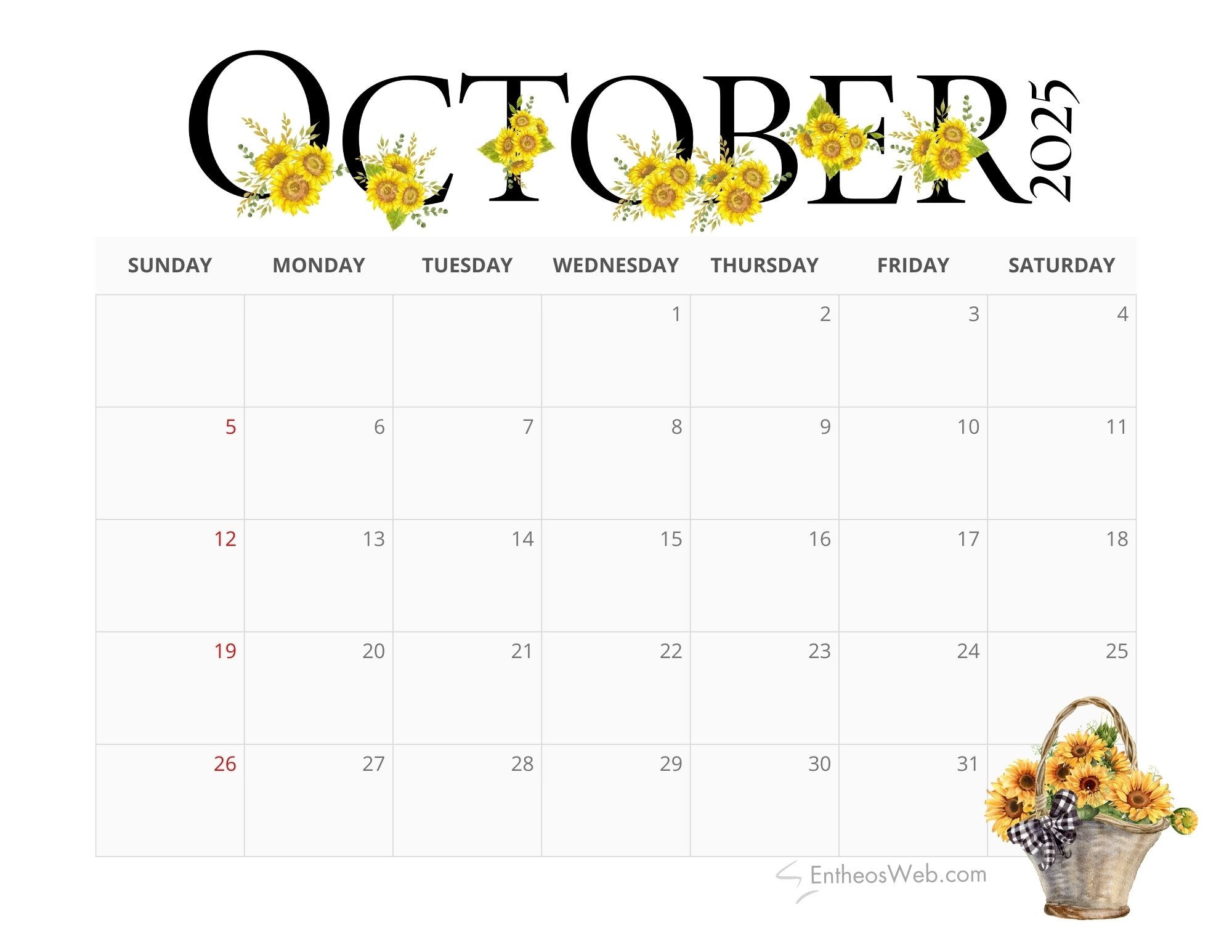 Free Printable October 2025 Calendar