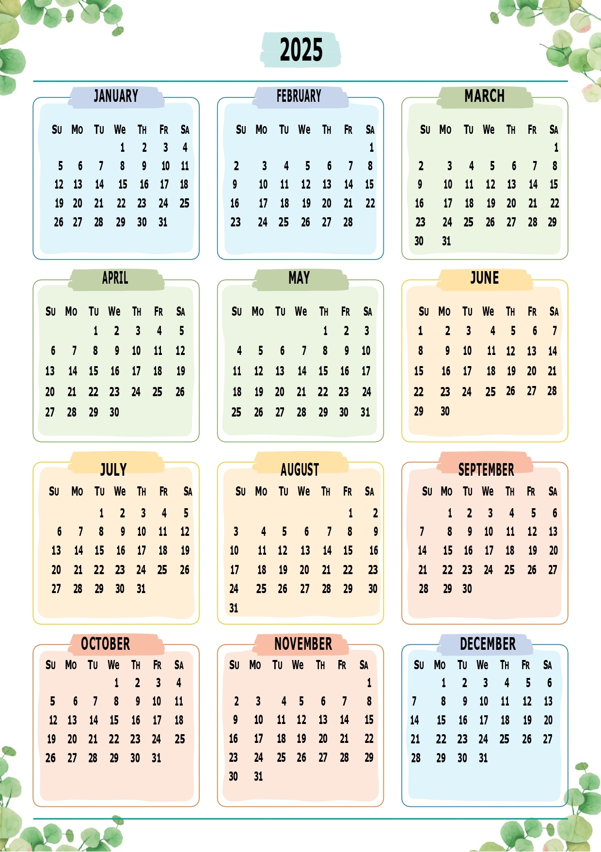 Free 2025 Yearly Calendar Printable One Page