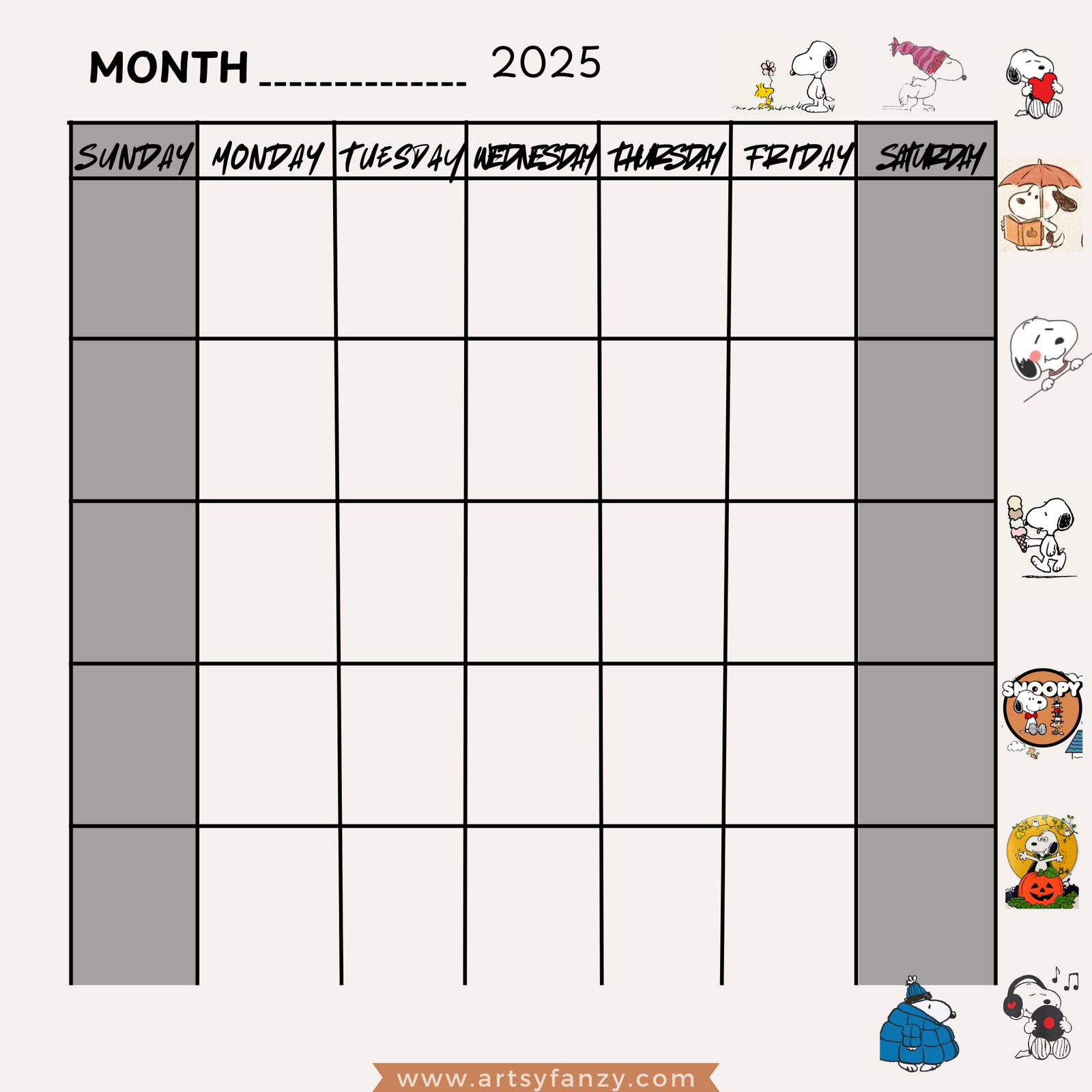 Snoopy Calendar 2025 Printable