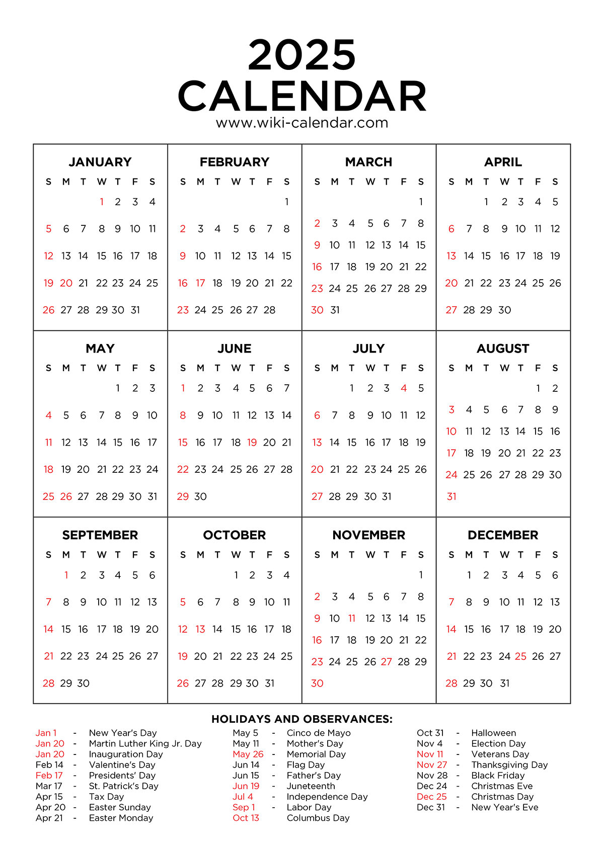 Printable Calendar 2025 Year