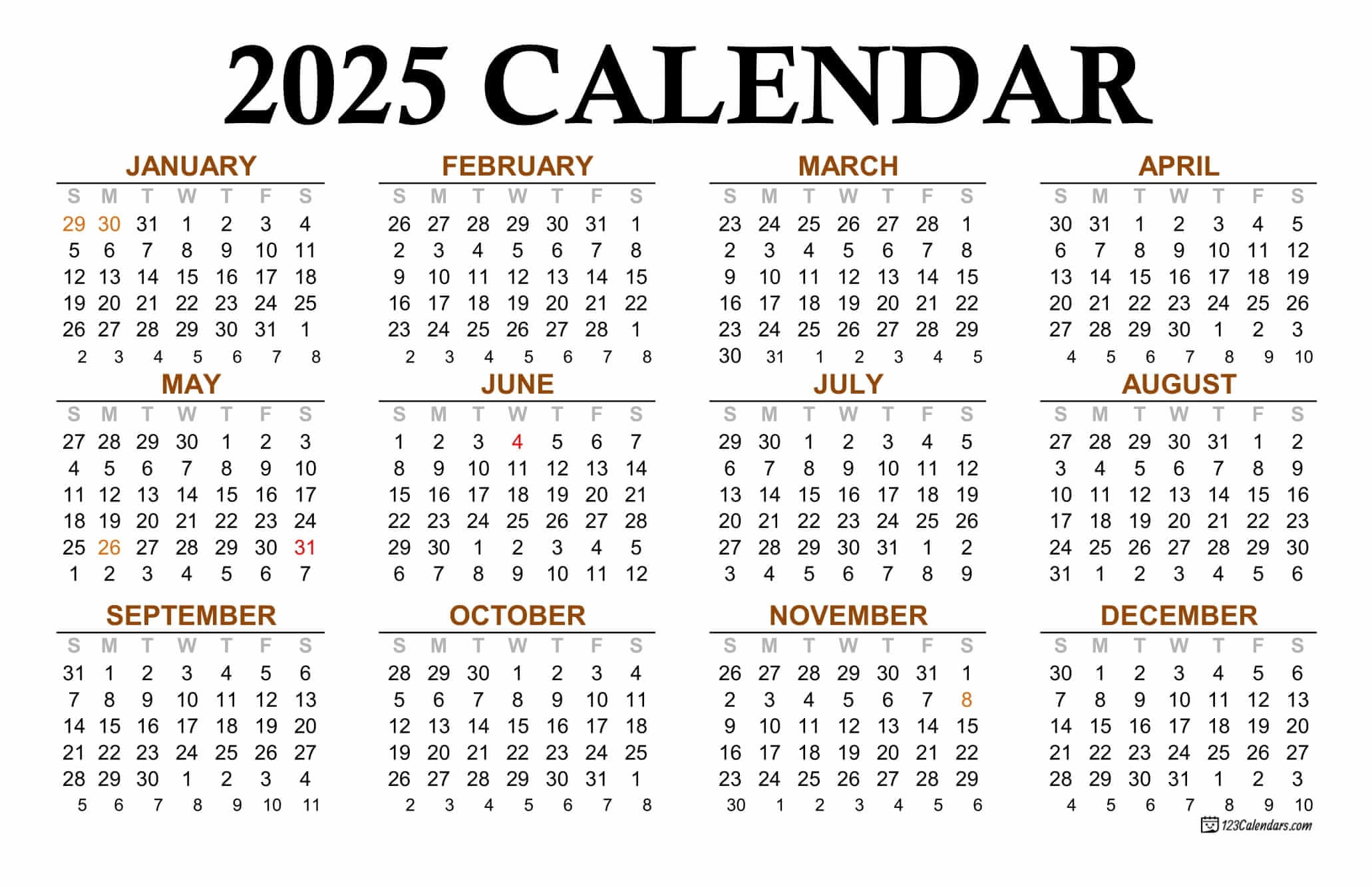 Year Calendar 2025 Printable