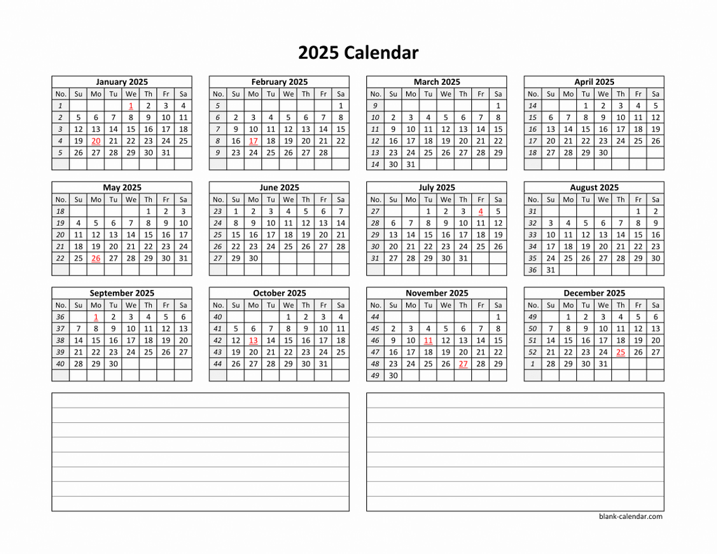 2025 Printable Calendar With Notes
