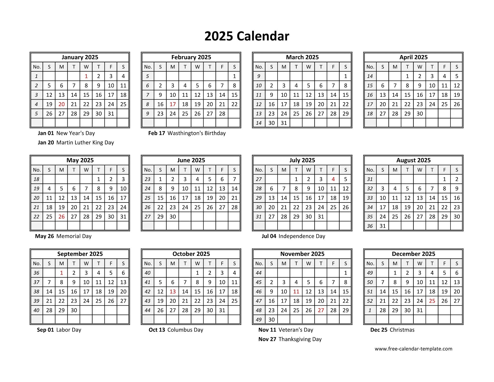 Free Printable 2025 Calendar Template Word