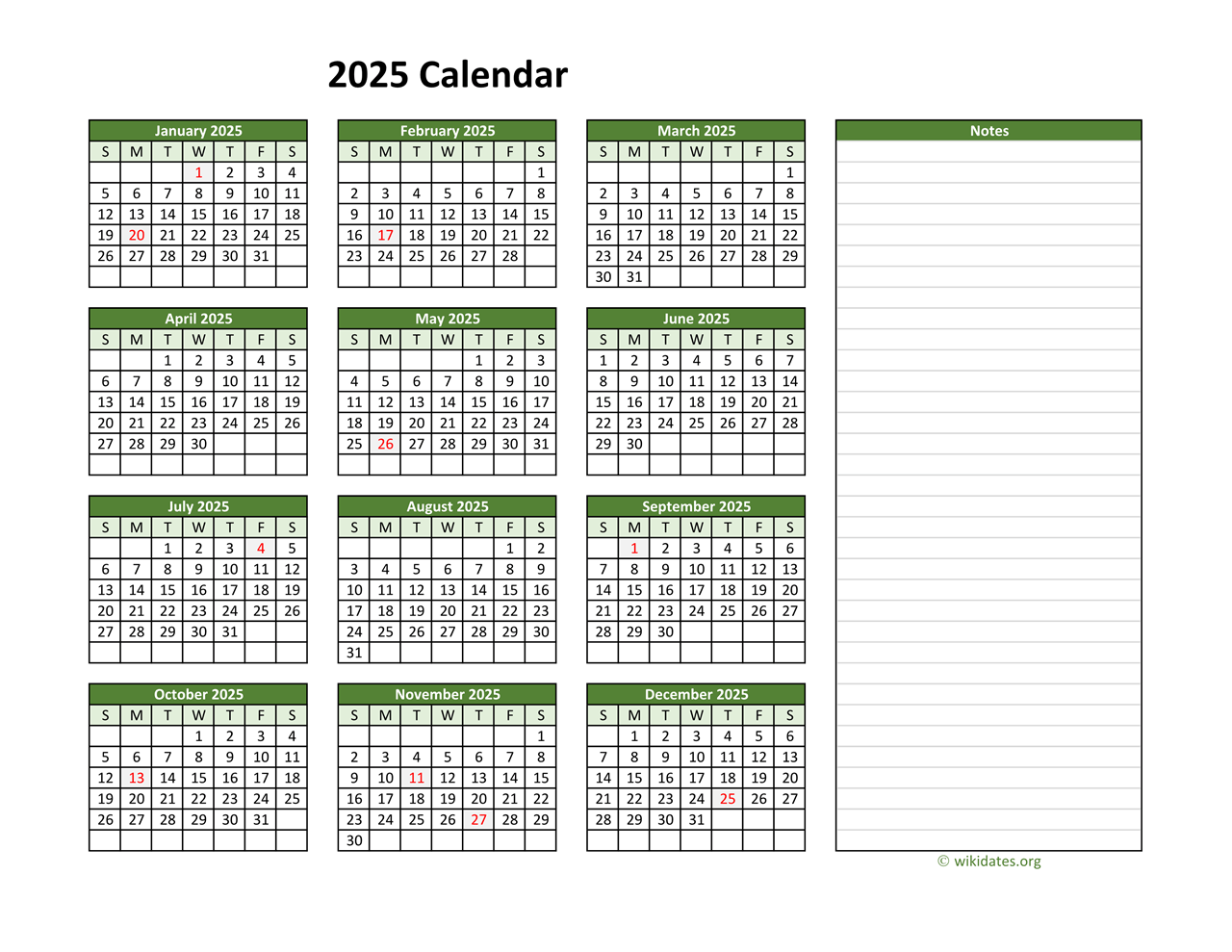 Printable Calendar 2025 With Notes