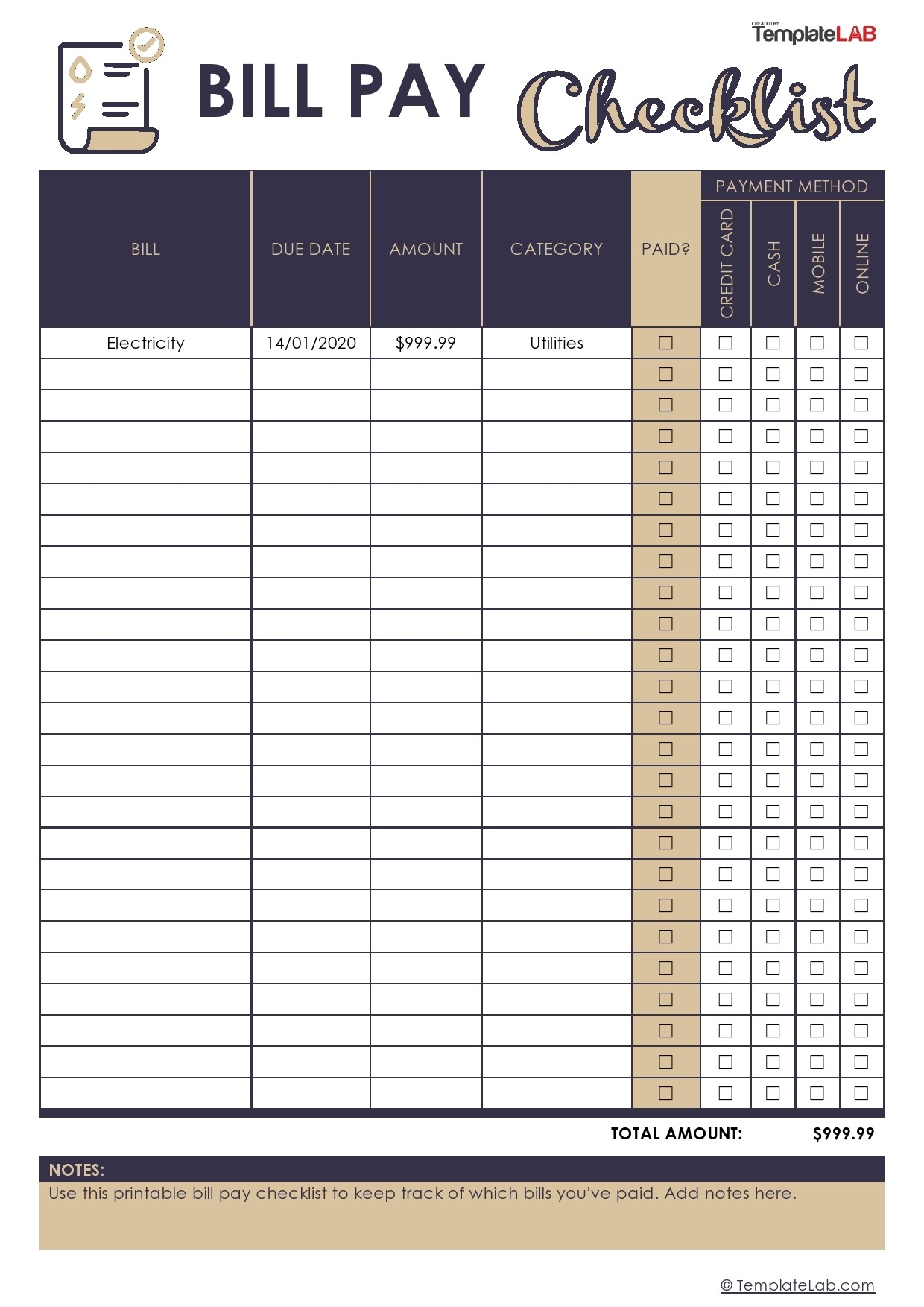 20 Free Bill Pay Checklists Bill Calendars PDF Word Excel 