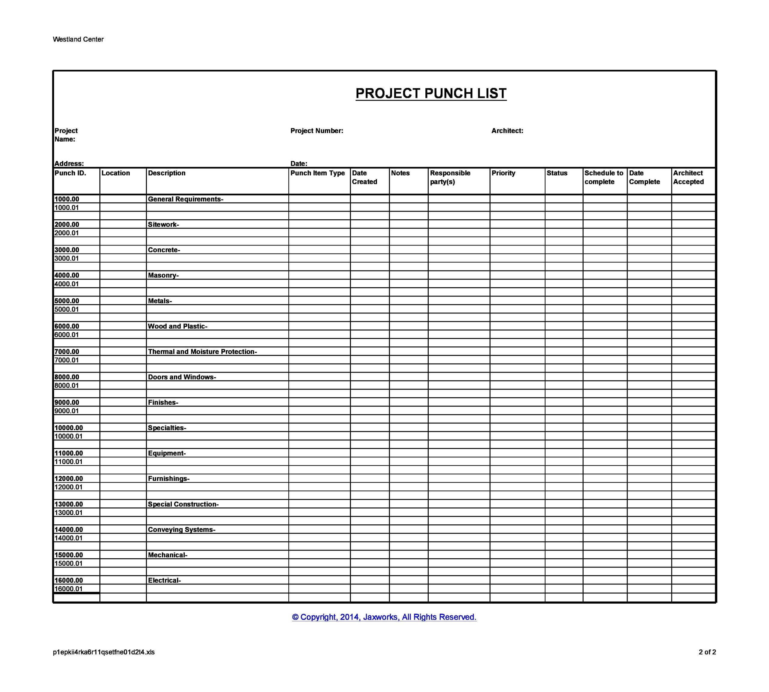 Free Printable Punch List Templates