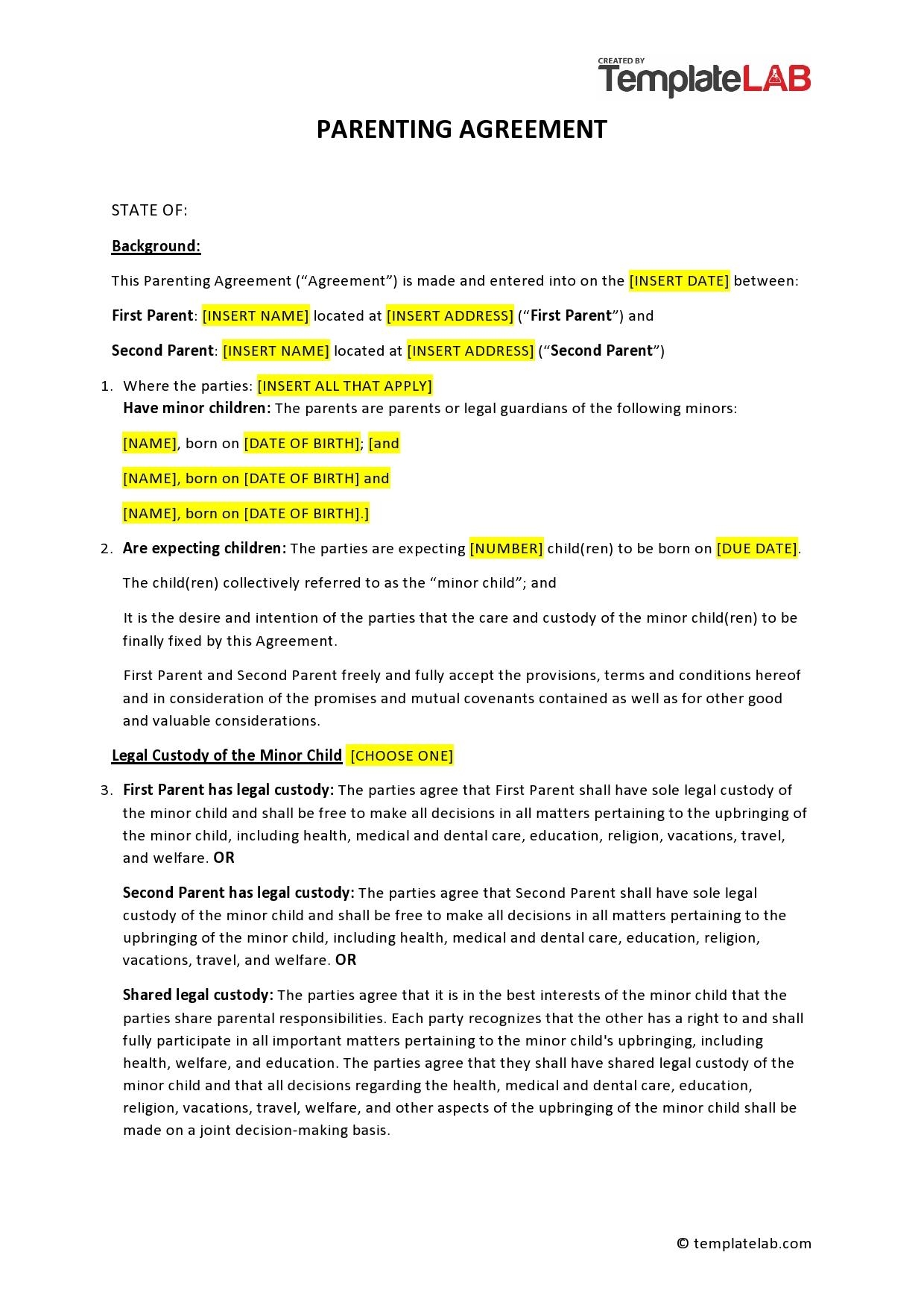 Free Printable Custody Agreement Templates