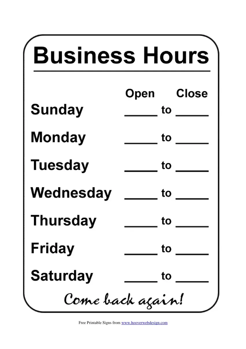 Business Hours Template Fill Out Printable PDF Forms Online Business Hours Template Fill Out Printable PDF Forms Online