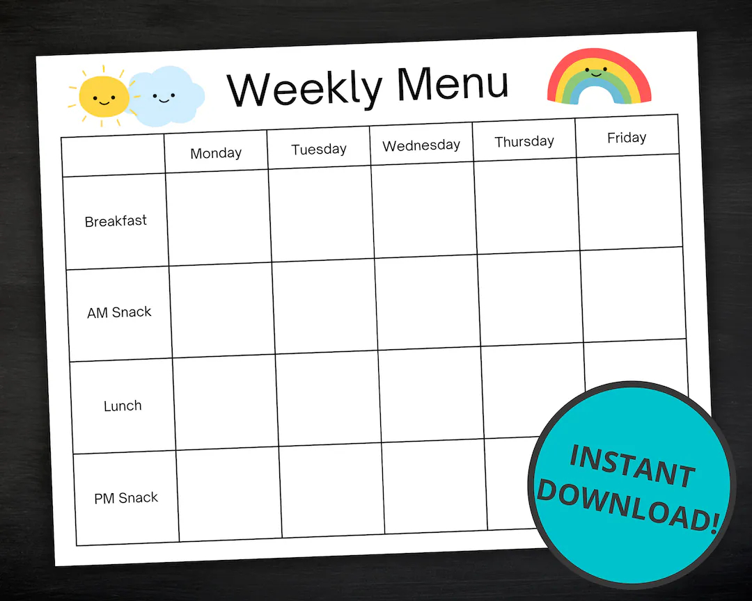 Daycare Weekly Menu Printable Weekly Menu For Daycare Preschool Home School Nannies Home Daycare Meal Planner Instant Download Etsy