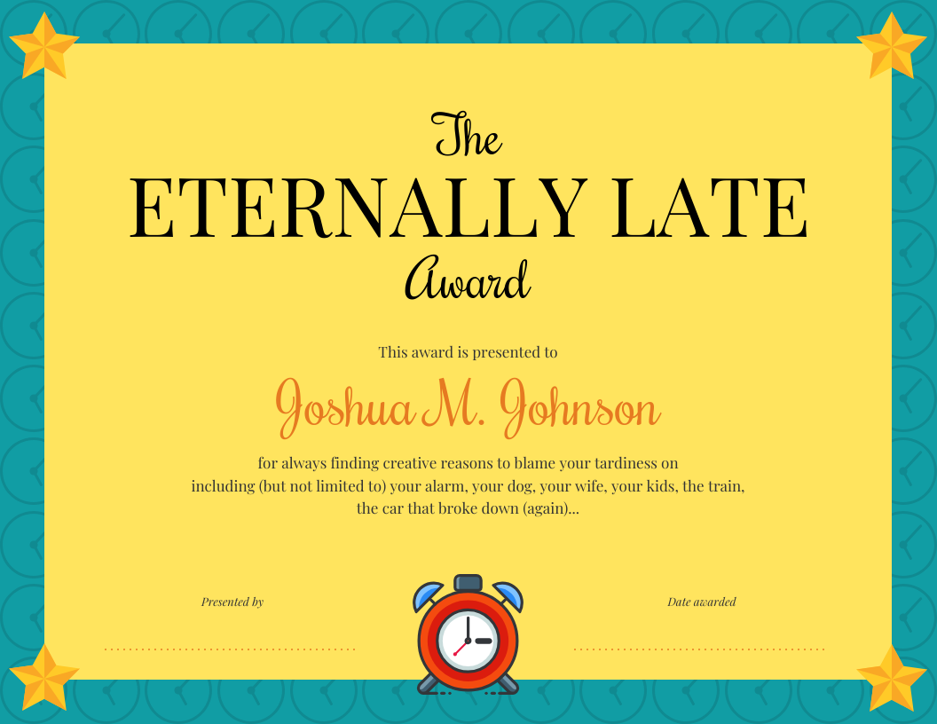 Eternally Late Award Certificate Template Venngage