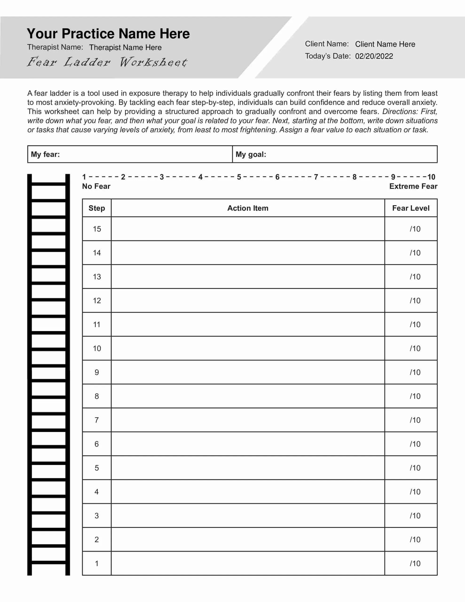 Fear Ladder Worksheet Editable Fillable Printable PDF TherapyPatron
