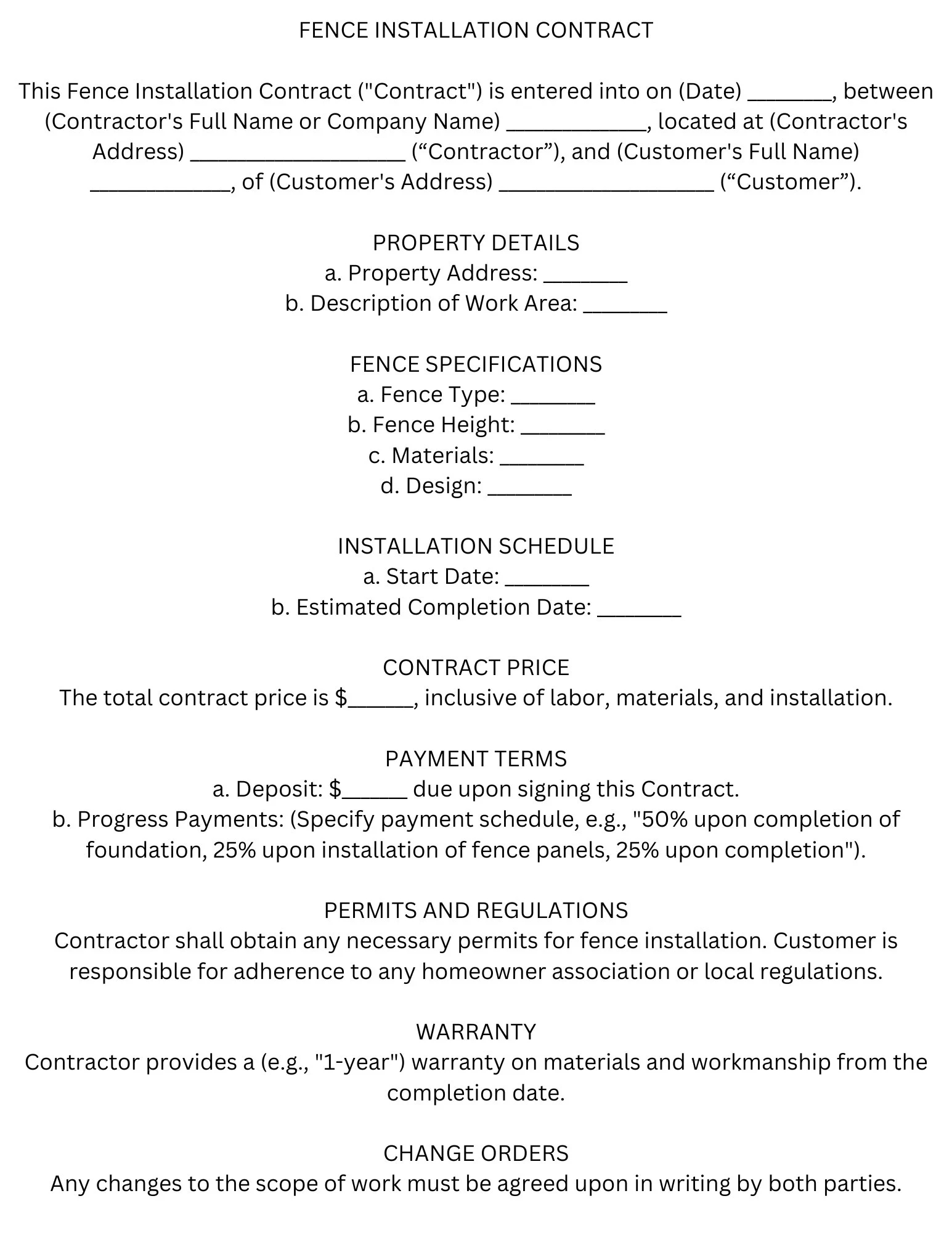 Fence Installation Contract Template PDF Download Edit In Canva Etsy