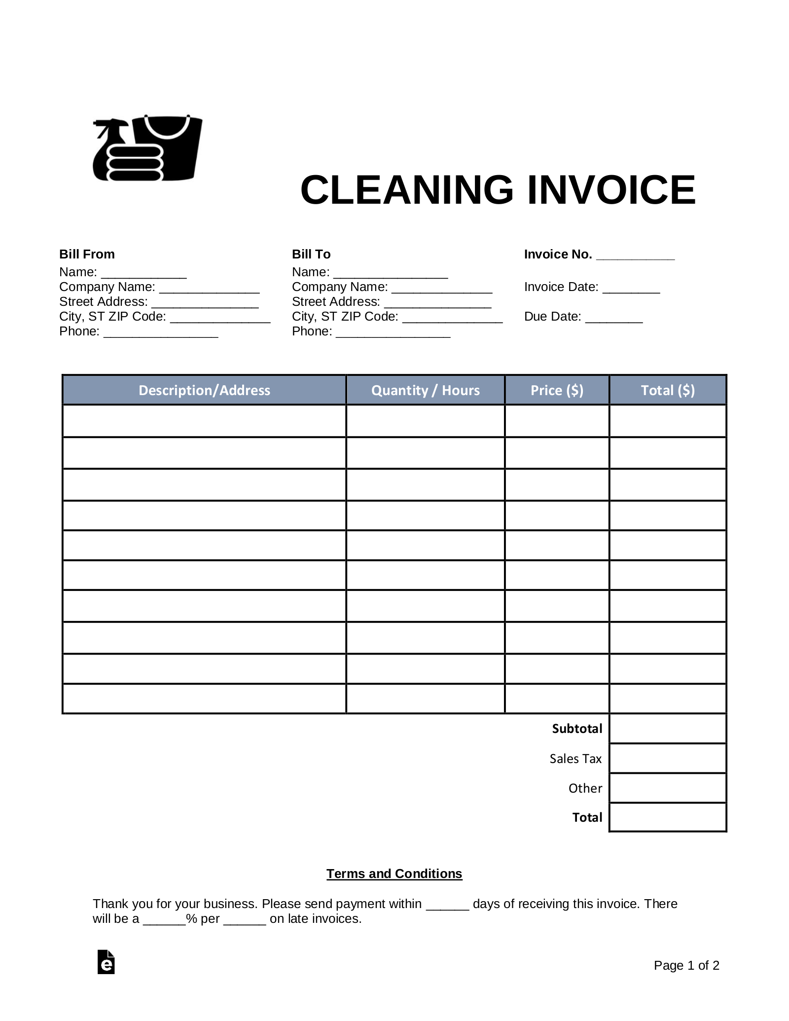 Free Cleaning Housekeeping Invoice Template PDF Word EForms Free Cleaning Housekeeping Invoice Template PDF Word EForms