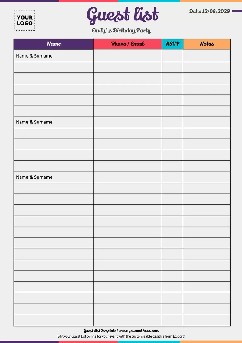Free Printable Guest List Templates
