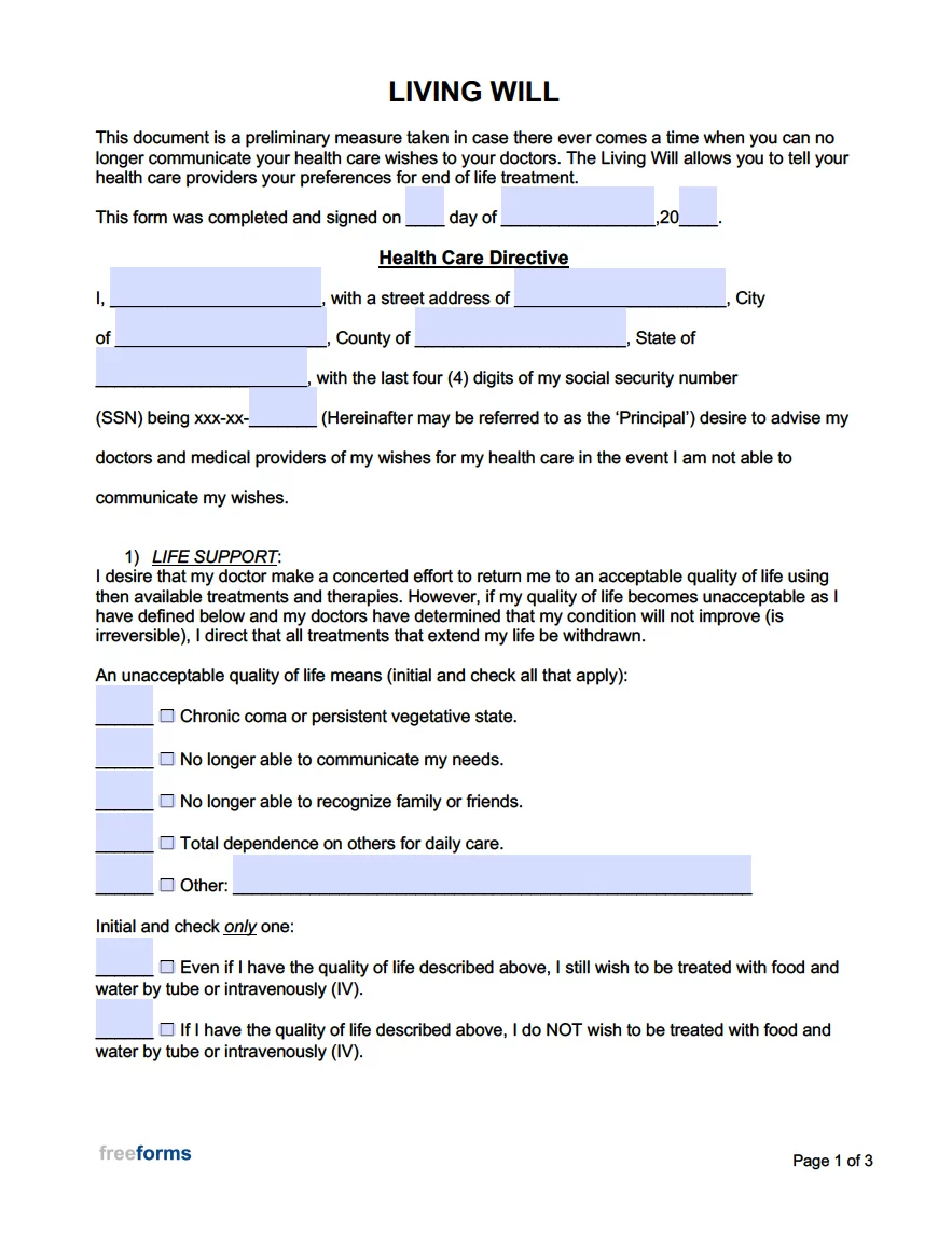 Free Living Will Forms PDF Word