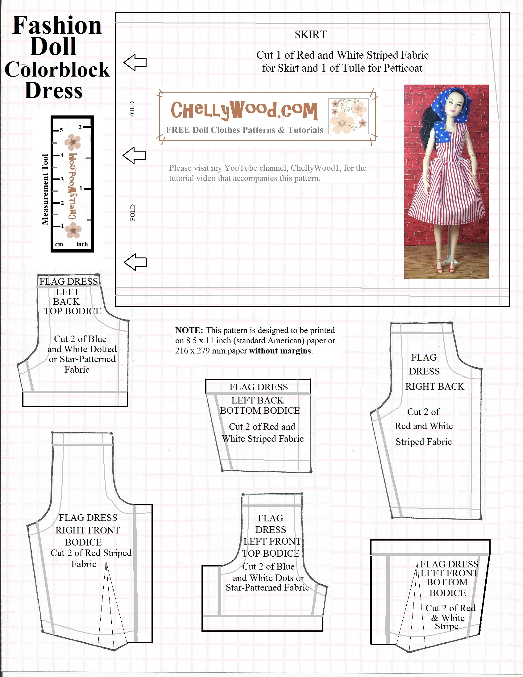 Free Printable pattern For ColorblockDress For dolls ChellyWood Free Doll Clothes Patterns