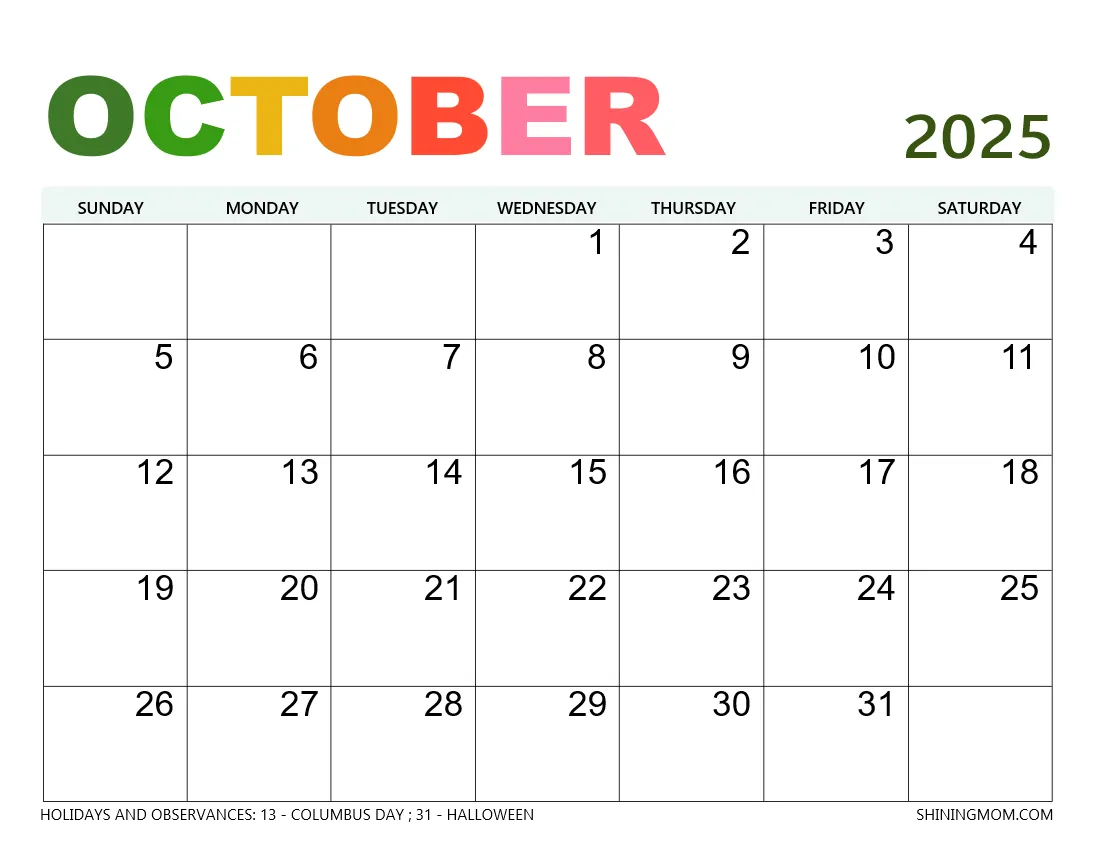 Calendar October 2025 Printable Free