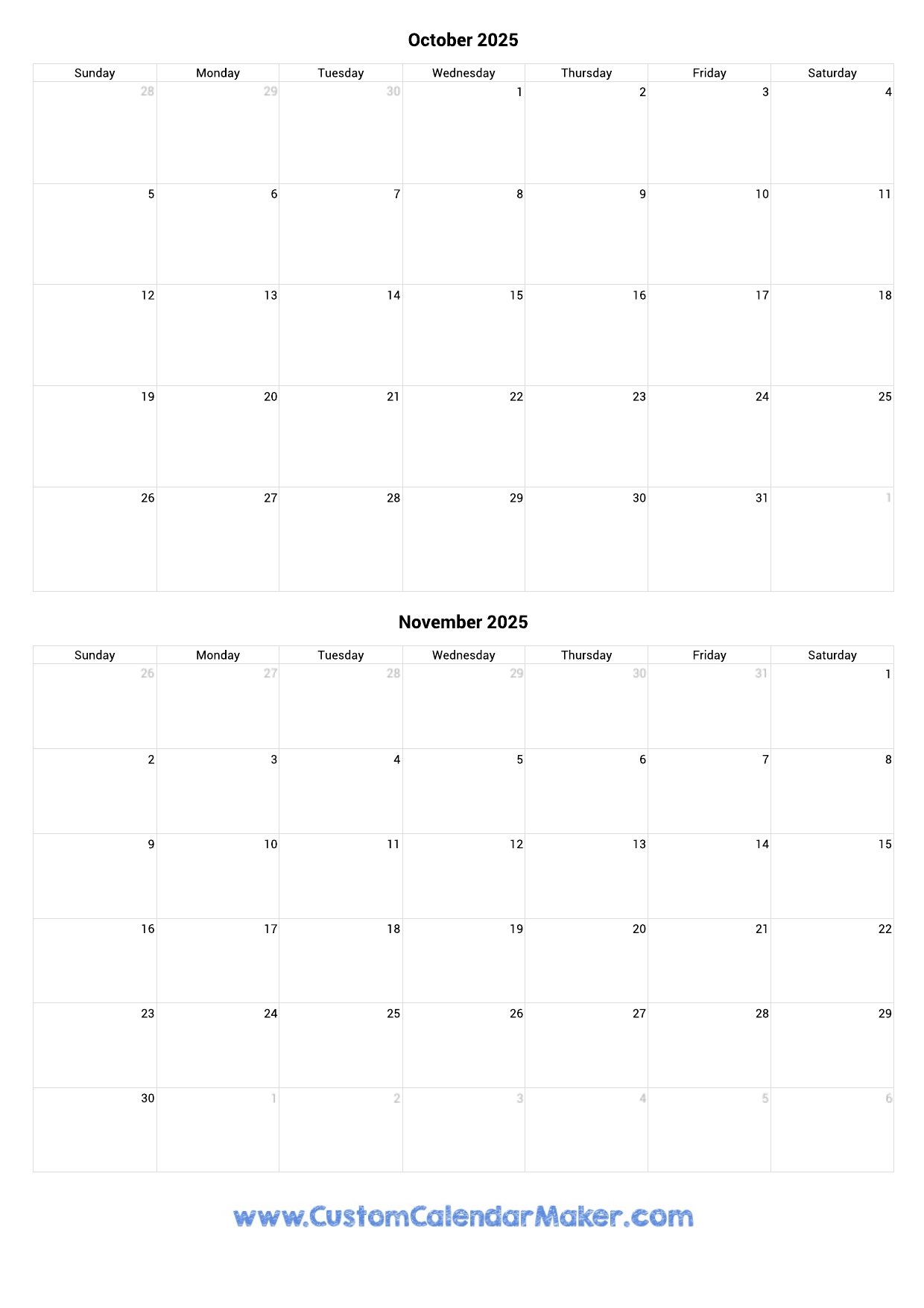 October And November Calendar 2025