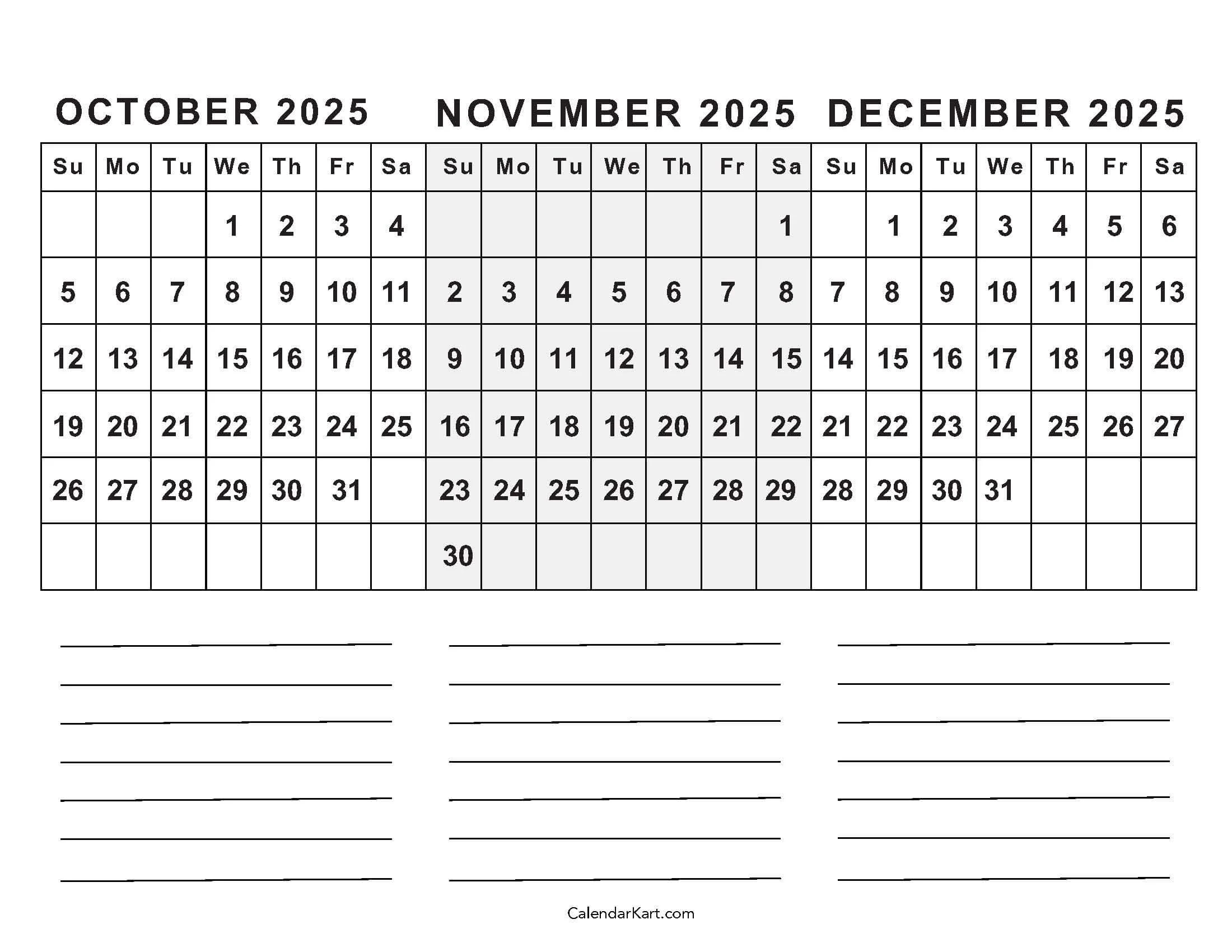 October November December 2025 Calendar