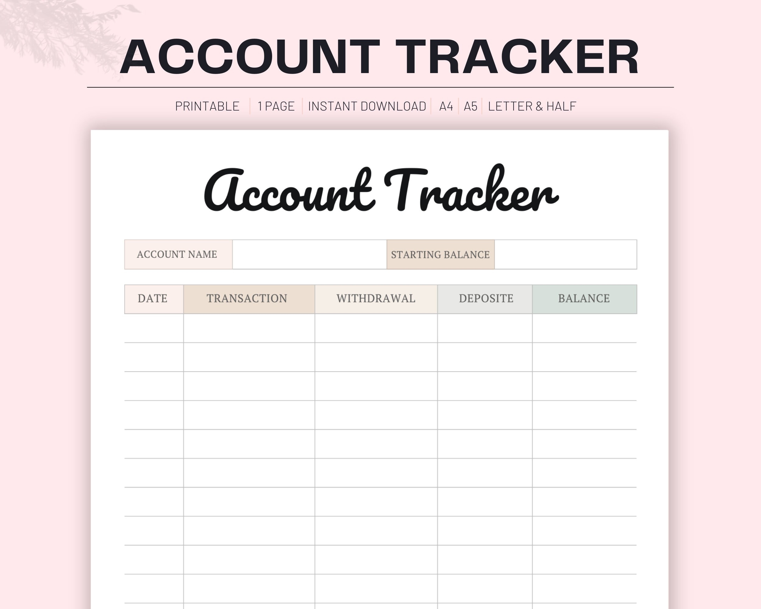 Printable Account Tracker Bank Balance Log digital PDF A4 A5 Letter Etsy Printable Account Tracker Bank Balance Log digital PDF A4 A5 Letter Etsy