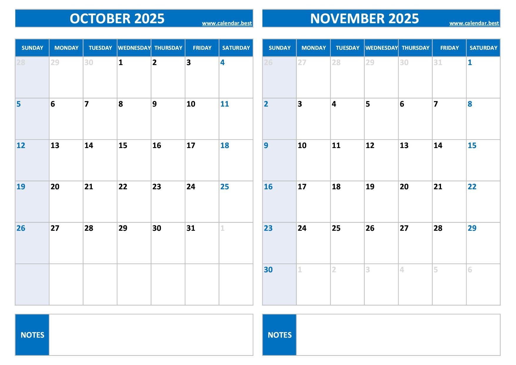 Printable October And November 2025 Calendar Free PDF JPG Downloads