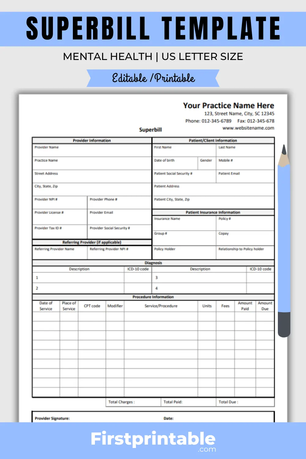 Printable Superbill Template Mental Health Fillable PDF Printable Superbill Template Mental Health Fillable PDF