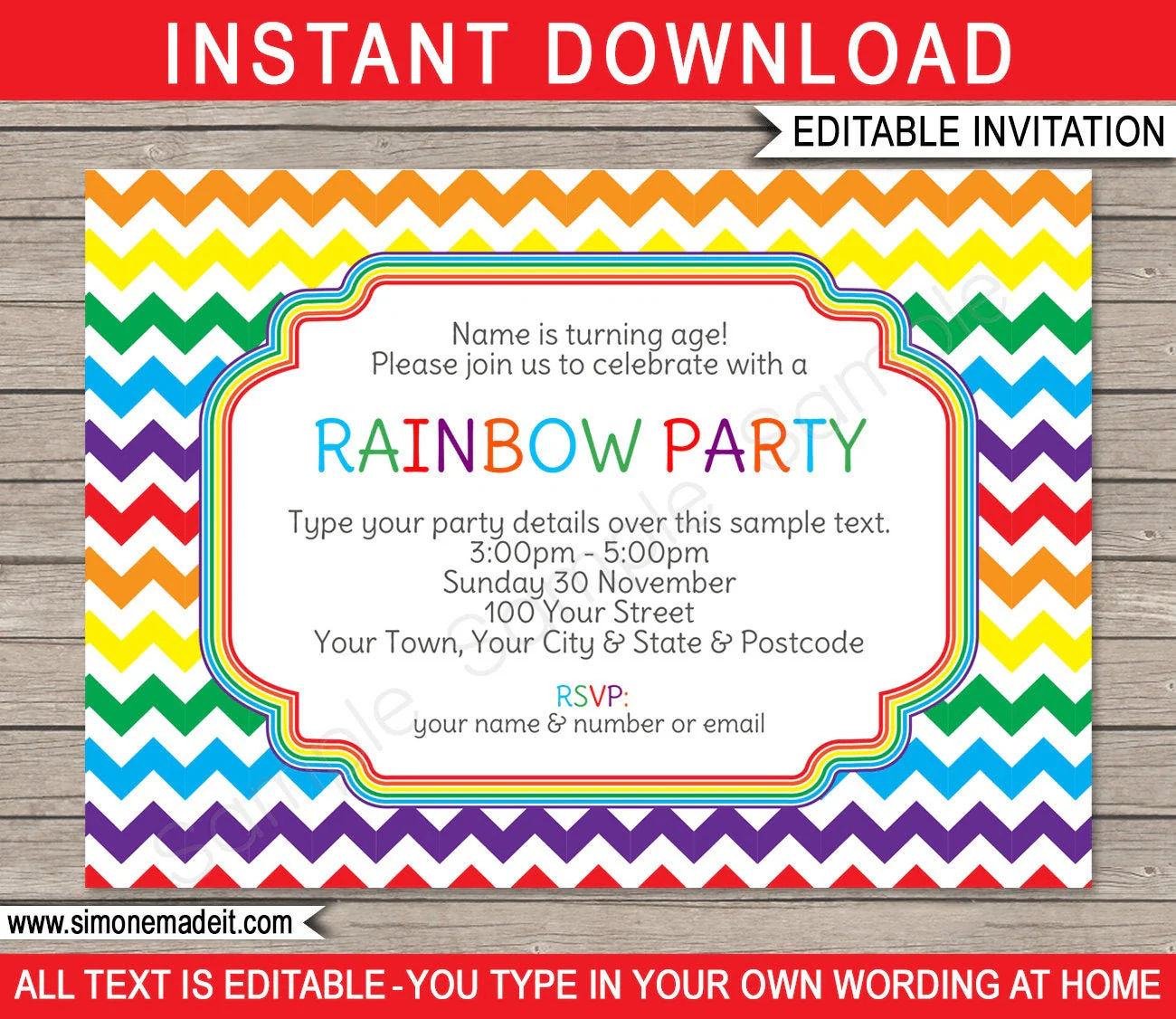 Rainbow Invitation Template Printable Birthday Party Invite Colorful Chevron Theme EDITABLE TEXT DOWNLOAD You Personalize Etsy