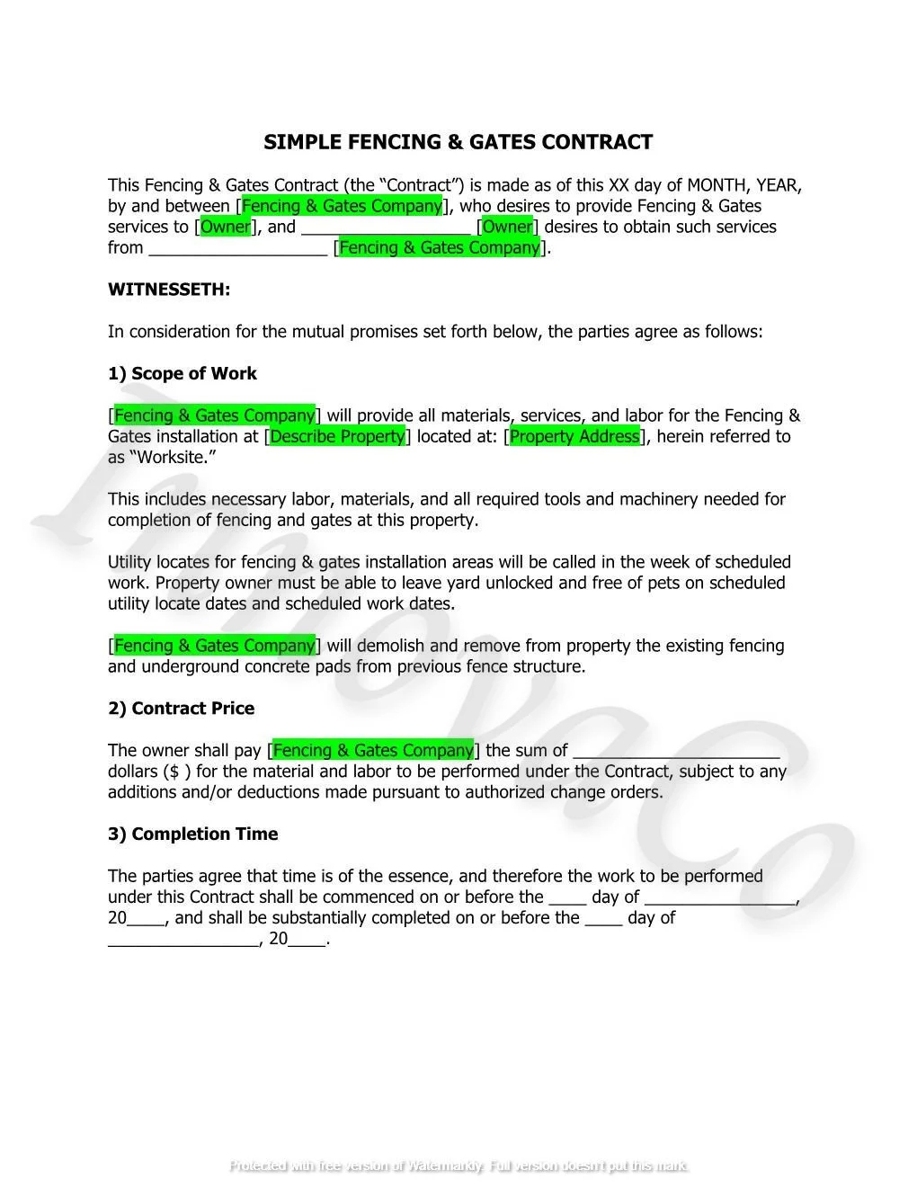 Free Printable Fence Contract Templates
