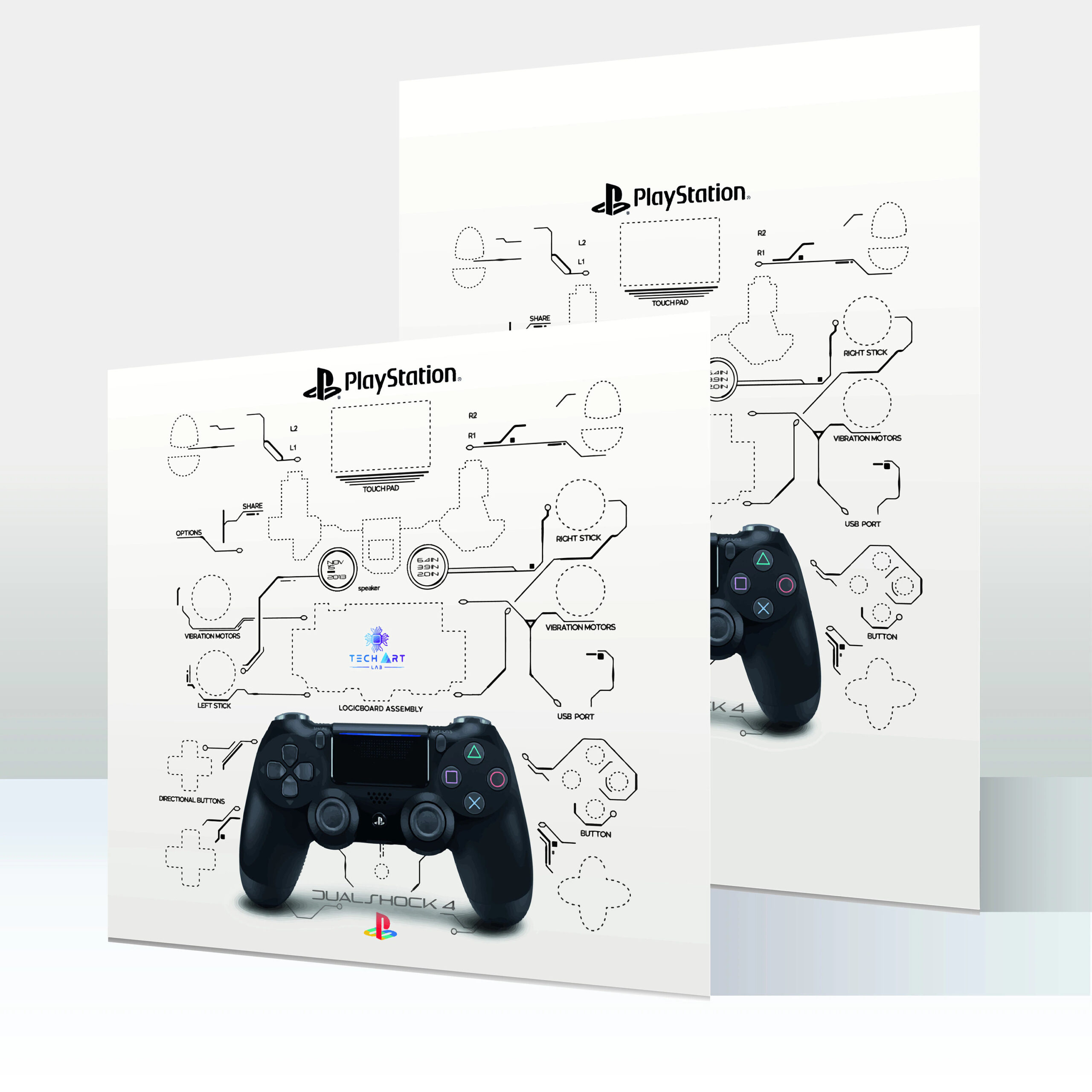 Sony Playstation Dualshock 4 Controller Teardown Template A3 12x12in 13x13in Controller Framed Template download Disassembled Art Etsy